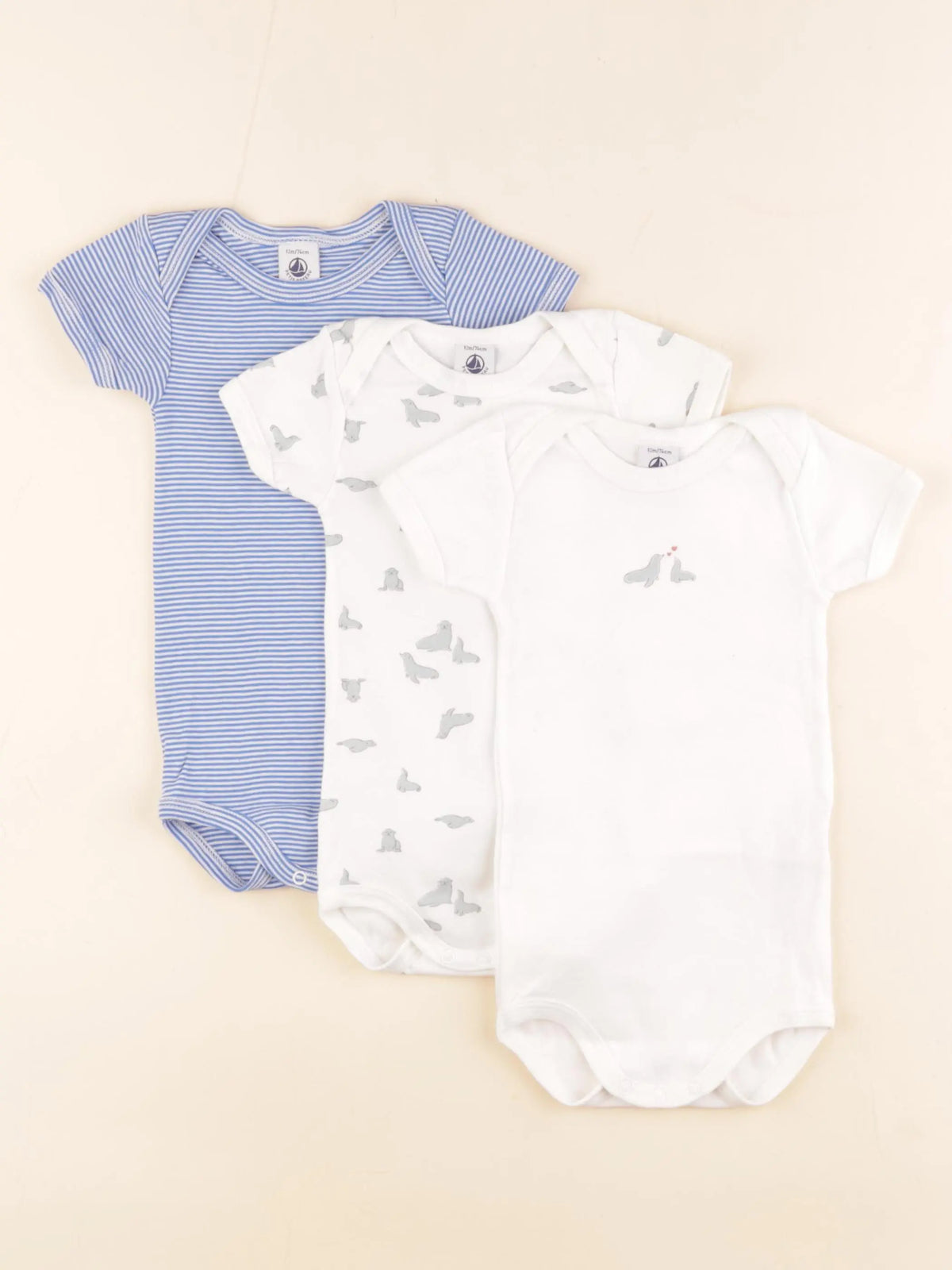 Petit Bateau - lot de 3 bodies en coton blanc, bleu - 12 mois