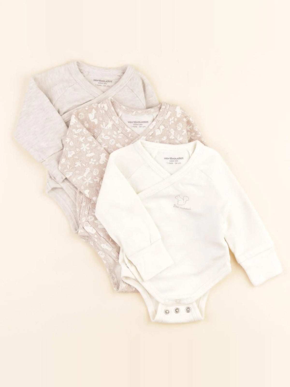 Vertbaudet - lot de 3 bodies en coton beige - 1 mois
