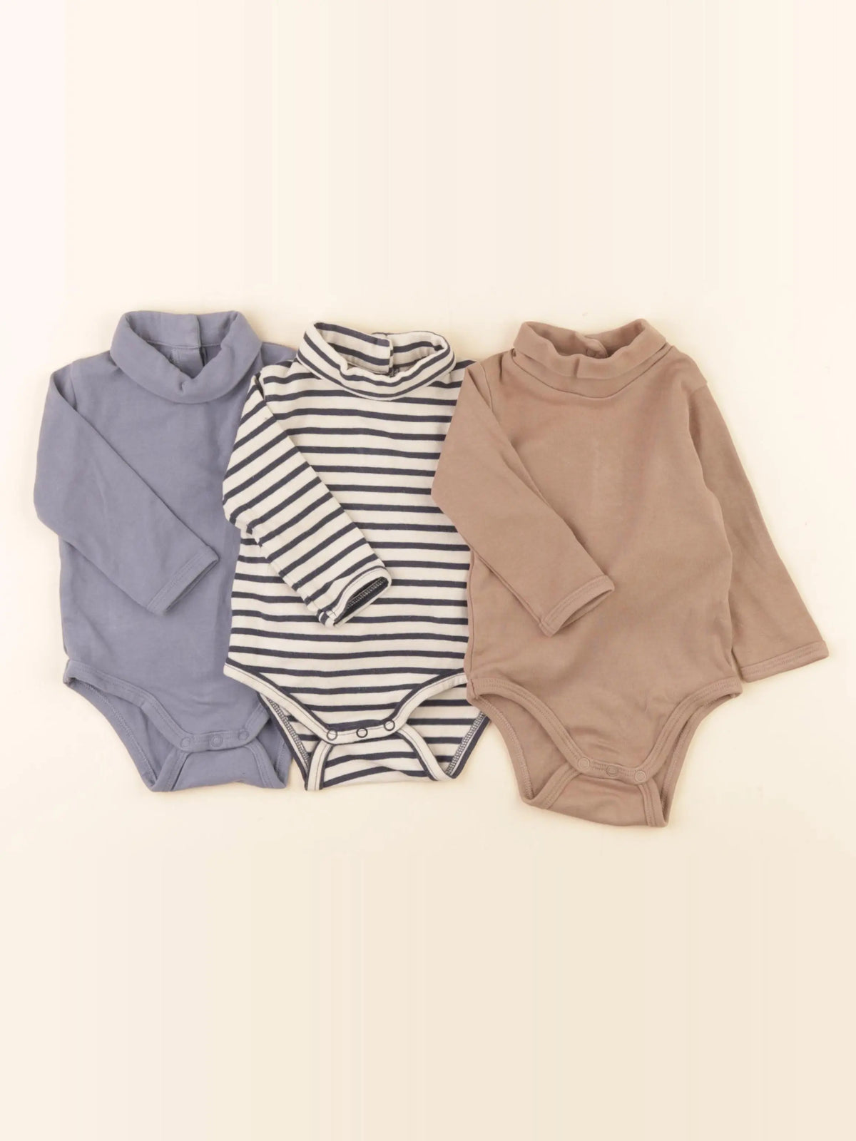 Vertbaudet - lot de 3 bodies en coton bleu, marron - 3 mois