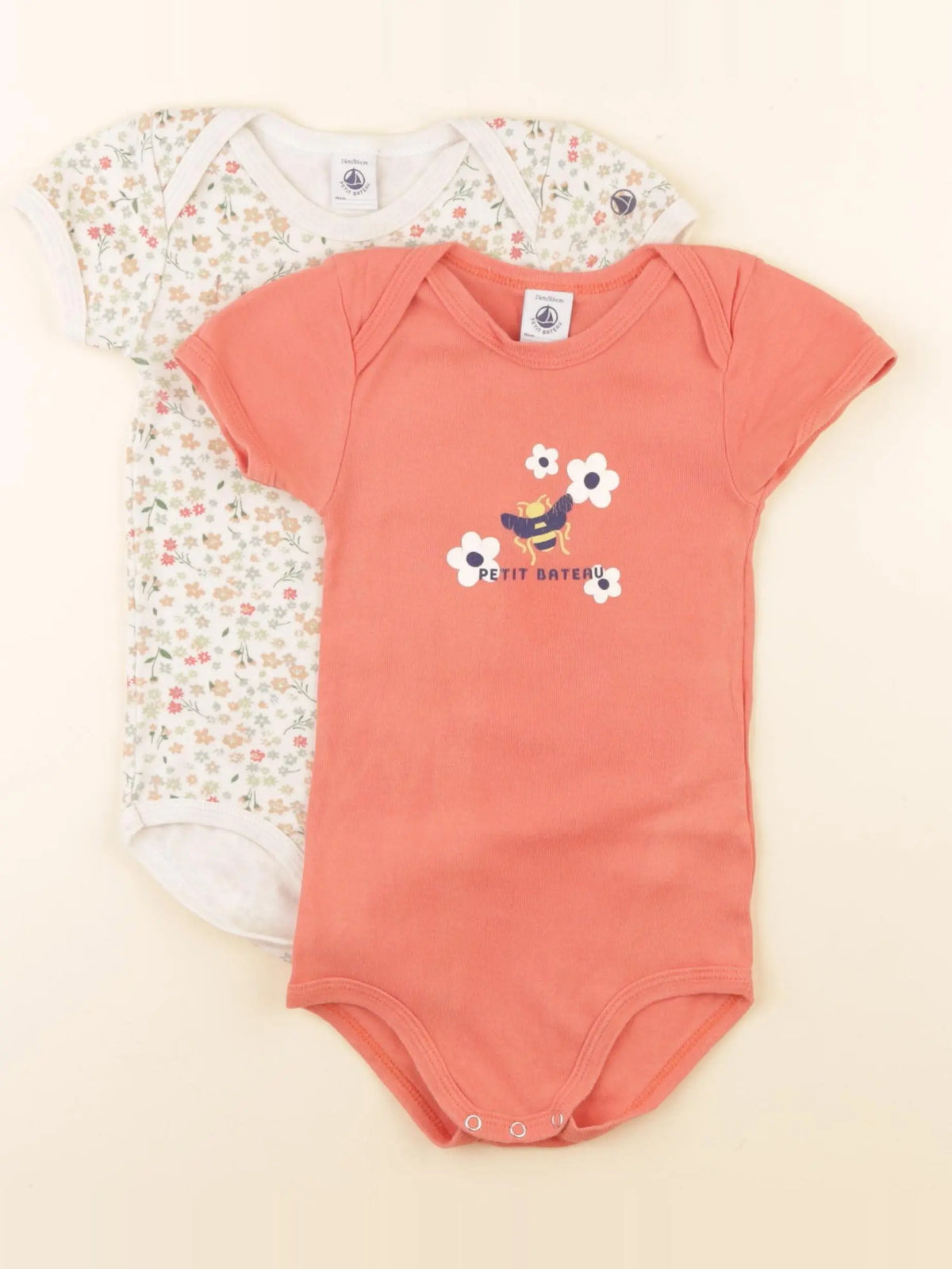 Petit Bateau - lot de 2 bodies en coton orange, beige - 2 ans