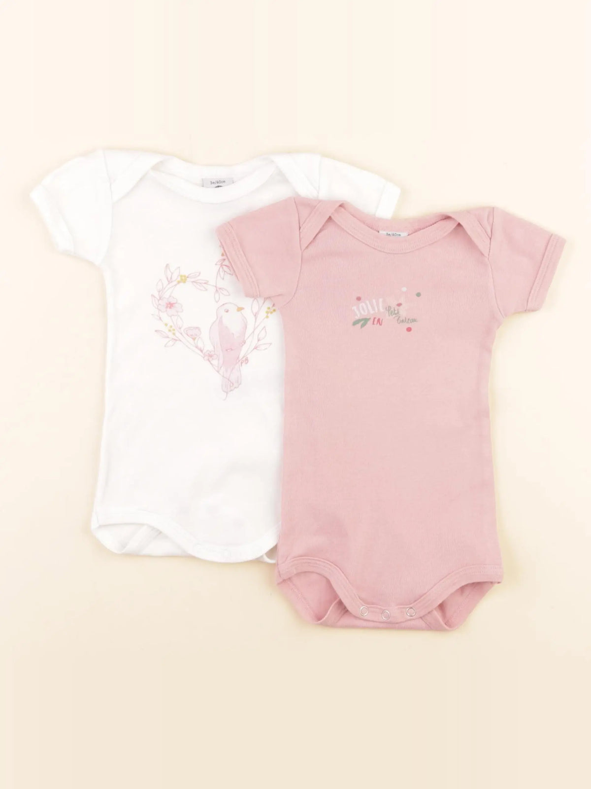 Petit Bateau - lot de 2 bodies en coton rose, blanc - 3 mois