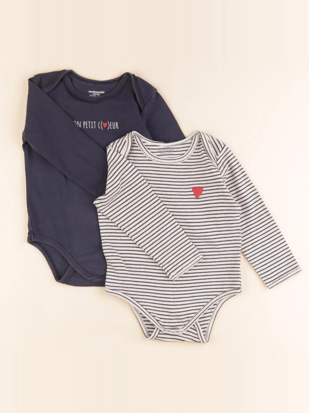 Vertbaudet - lot de 2 bodies en coton bleu, beige - 24 mois