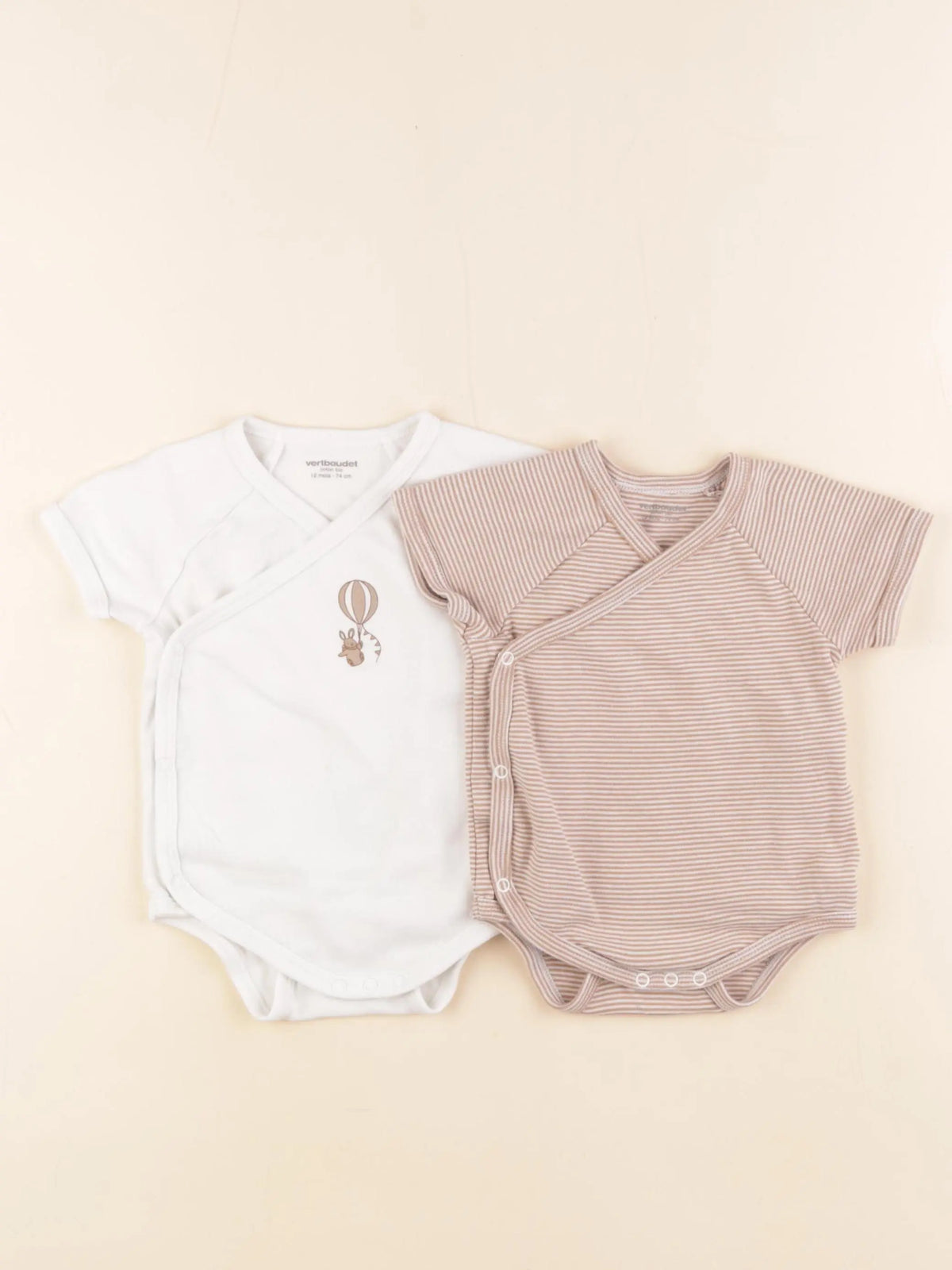 Vertbaudet - lot de 2 bodies en coton blanc, marron - 12 mois