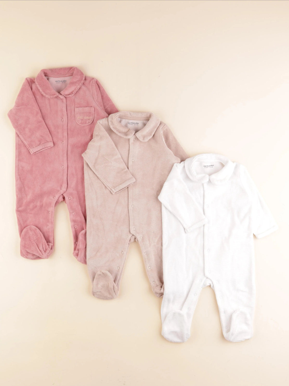 Vertbaudet - lot de 3 pyjamas velours multicolore - 6 mois