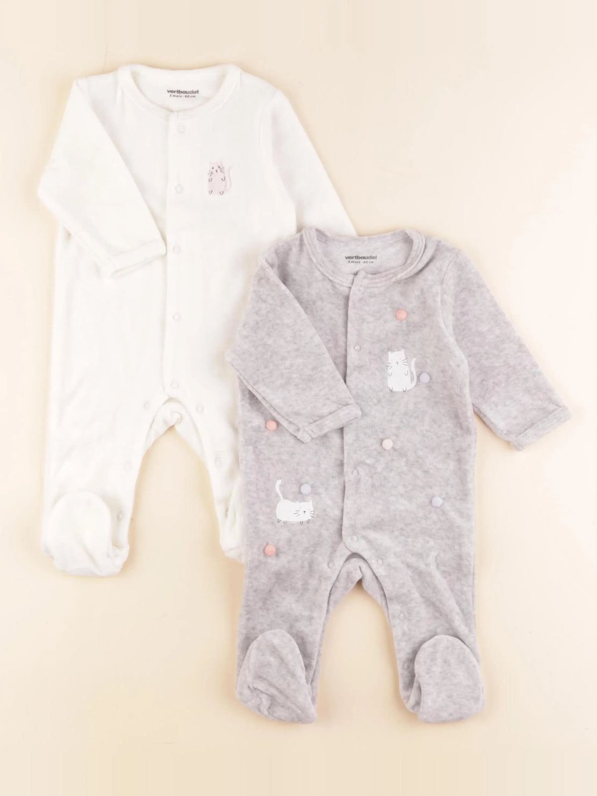 Vertbaudet - lot de 2 pyjamas velours gris, blanc - 3 mois