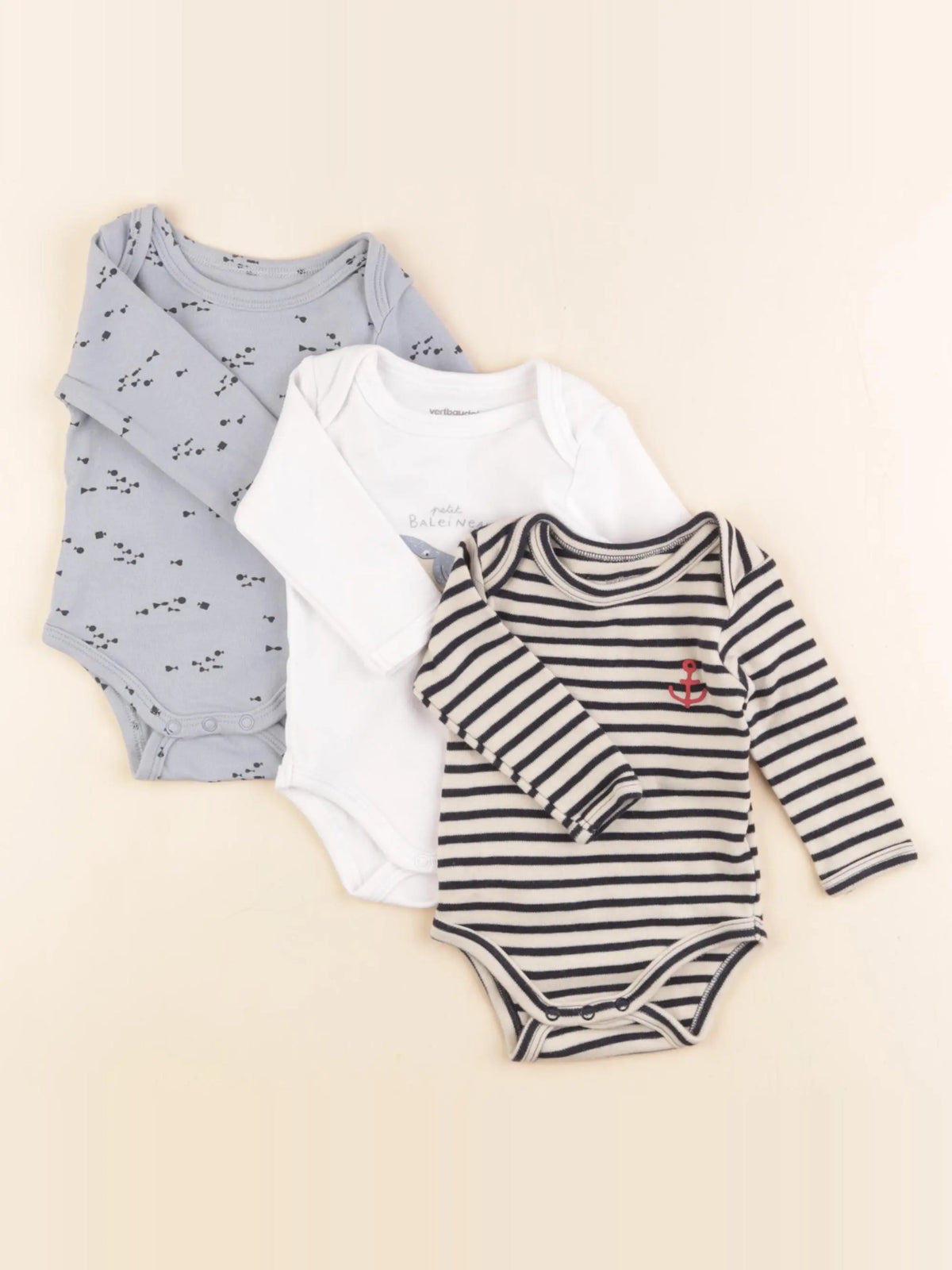 Vertbaudet - lot de 3 bodies en coton bleu, blanc - 3 mois