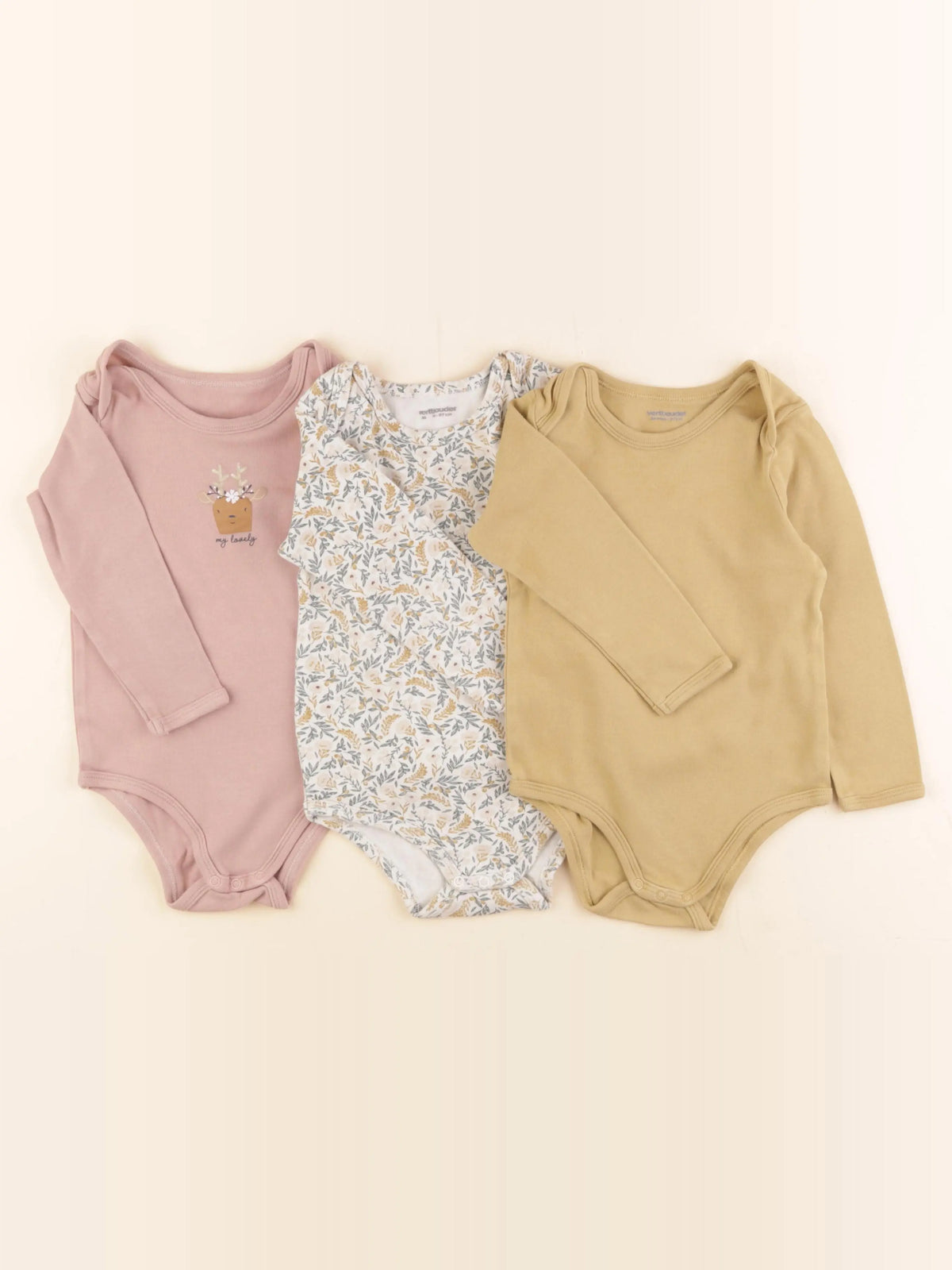 Vertbaudet - lot de 3 bodies en coton beige - 36 mois