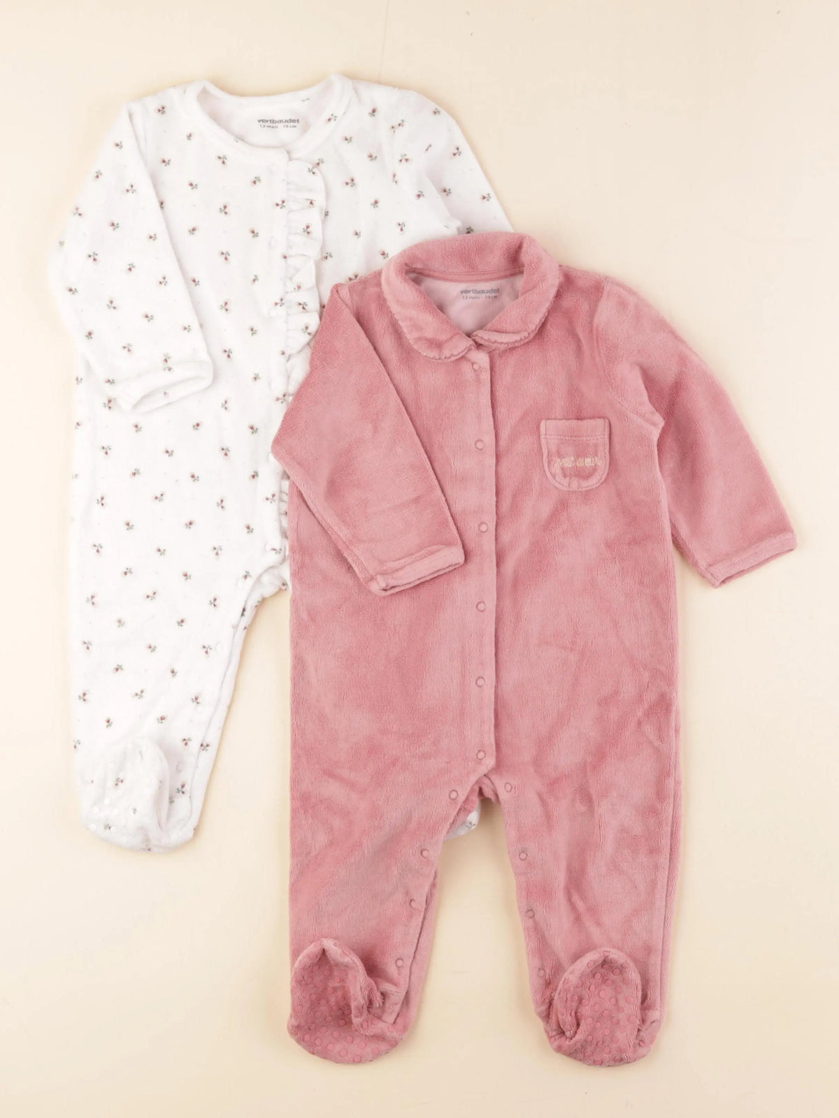 Vertbaudet - lot de 2 pyjamas velours blanc, rose - 12 mois