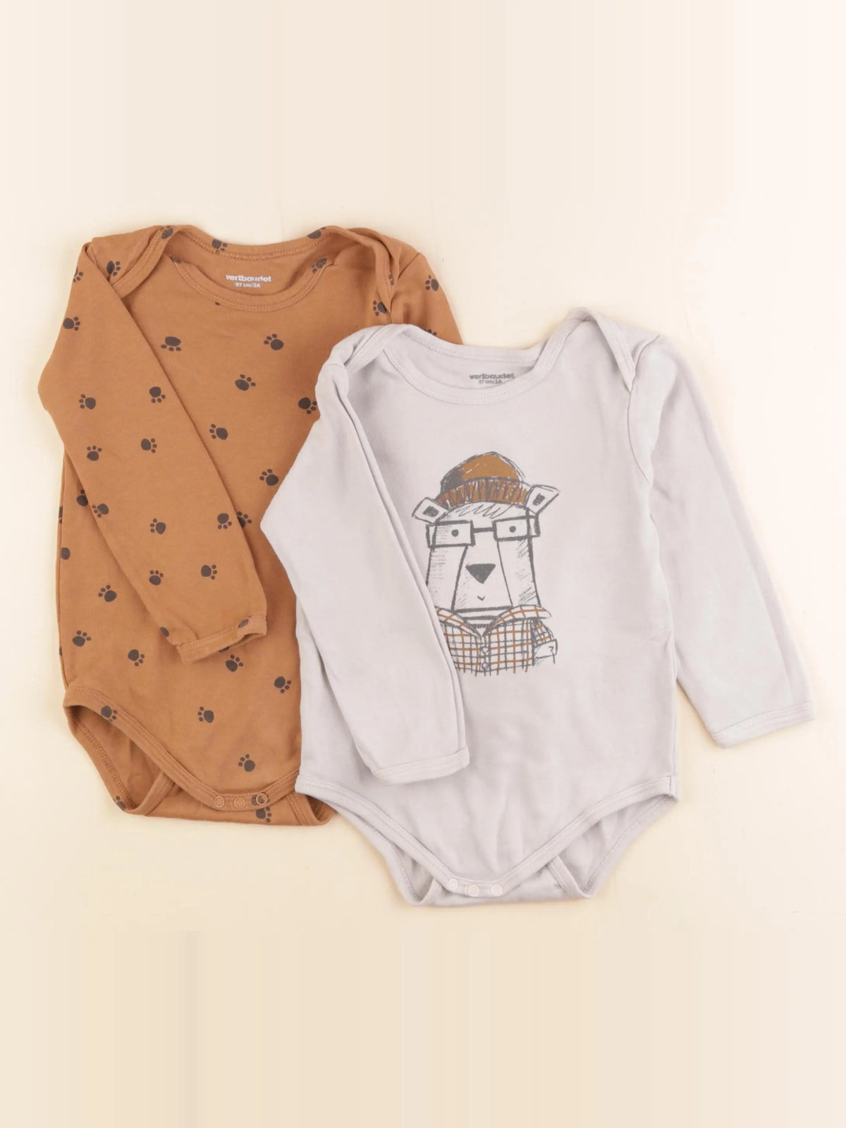 Vertbaudet - lot de 2 bodies en coton beige, marron - 3 ans