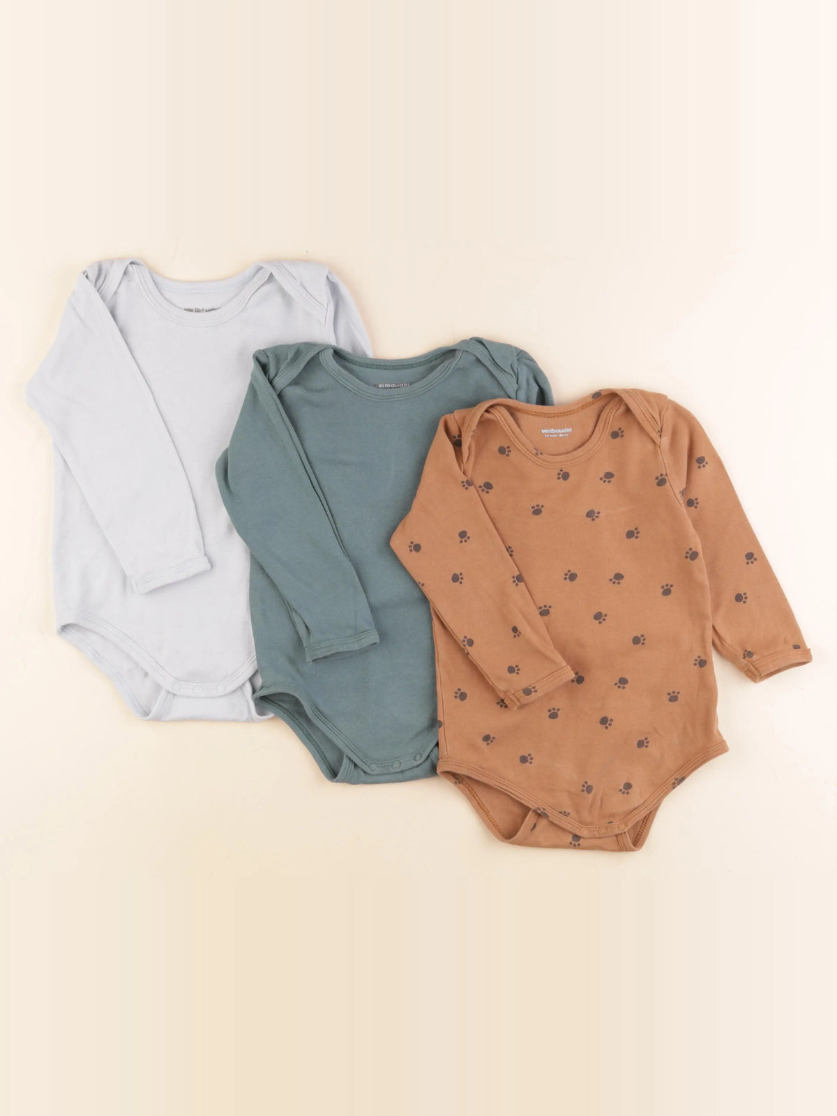 Vertbaudet - lot de 3 bodies en coton marron, vert, bleu - 24 mois