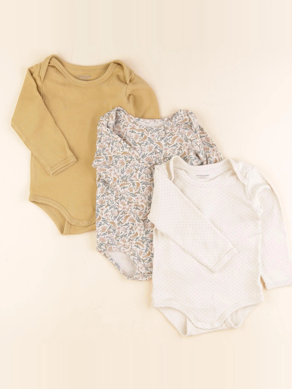 Vertbaudet - lot de 3 bodies en coton beige, jaune - 24 mois