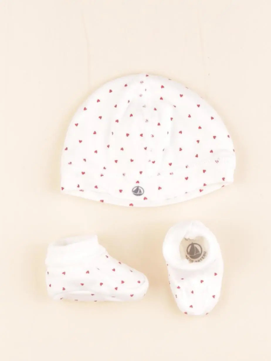 Petit Bateau - ensemble bonnet/chaussons blanc, rouge - 0 mois