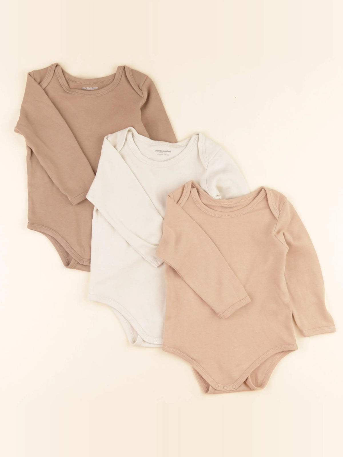 Vertbaudet - lot de 3 bodies en coton beige, marron - 24 mois