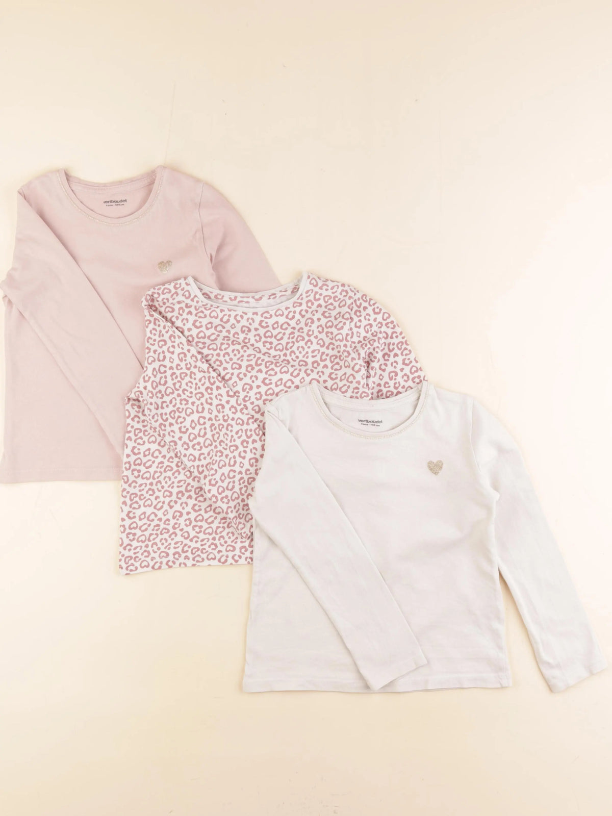 Vertbaudet - lot de 3 tee-shirts rose, beige - 4 ans