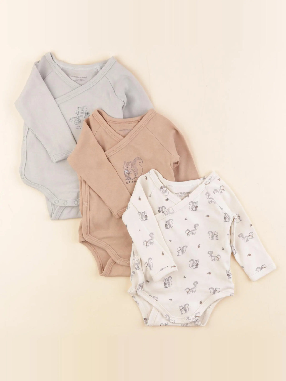 Vertbaudet - lot de 3 bodies en coton beige, marron, bleu - 3 mois