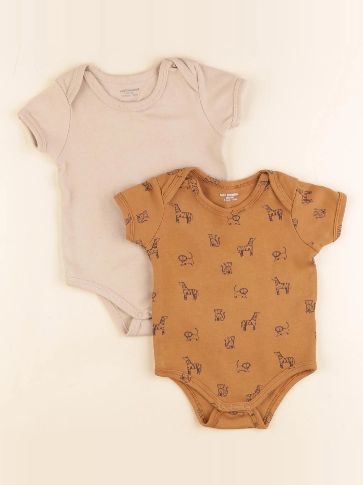 Vertbaudet - lot de 2 bodies en coton marron, beige - 12 mois