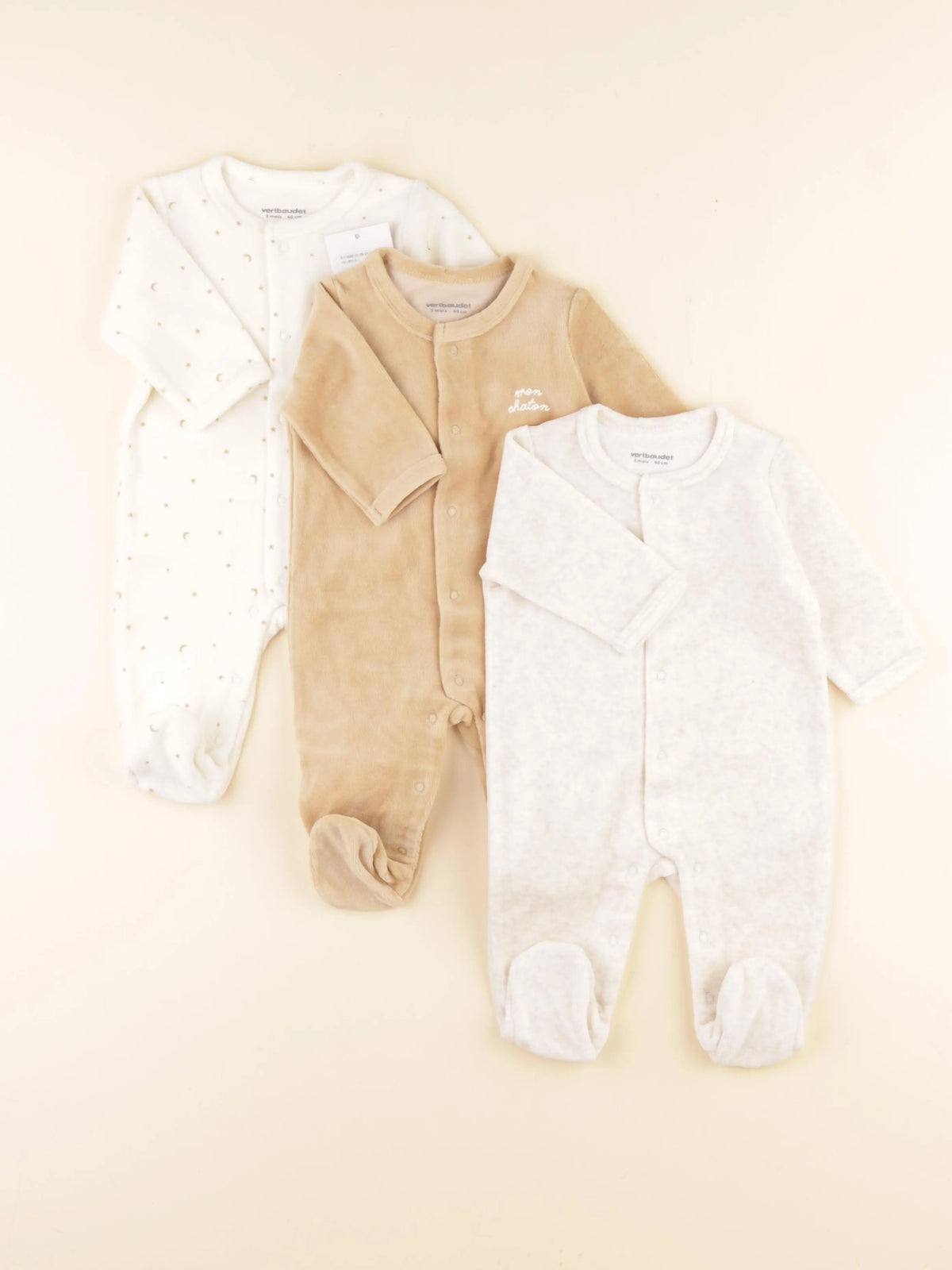 Vertbaudet - lot de 3 pyjamas velours multicolore - 3 mois
