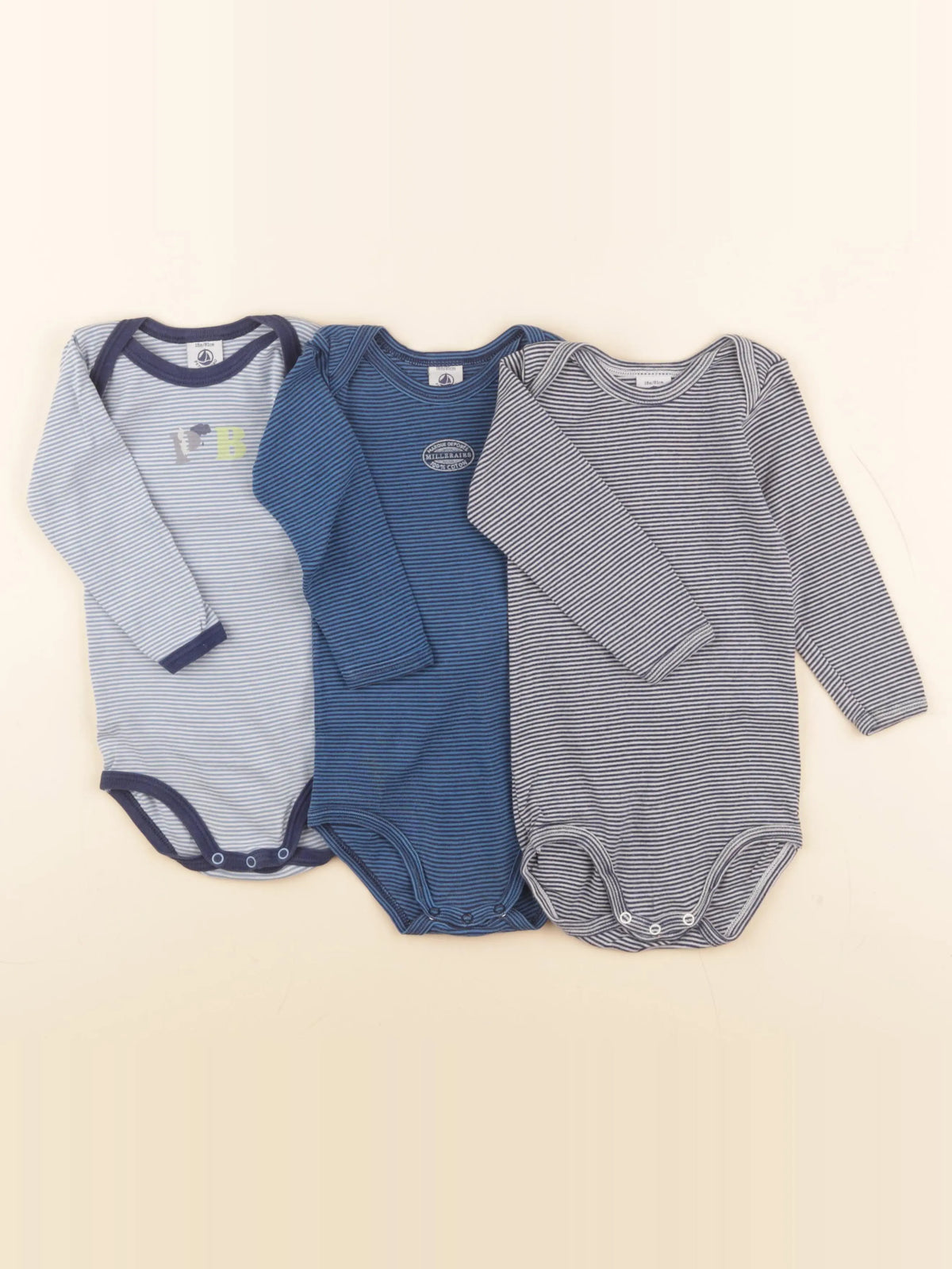 Petit Bateau - lot de 3 bodies en coton bleu - 18 mois