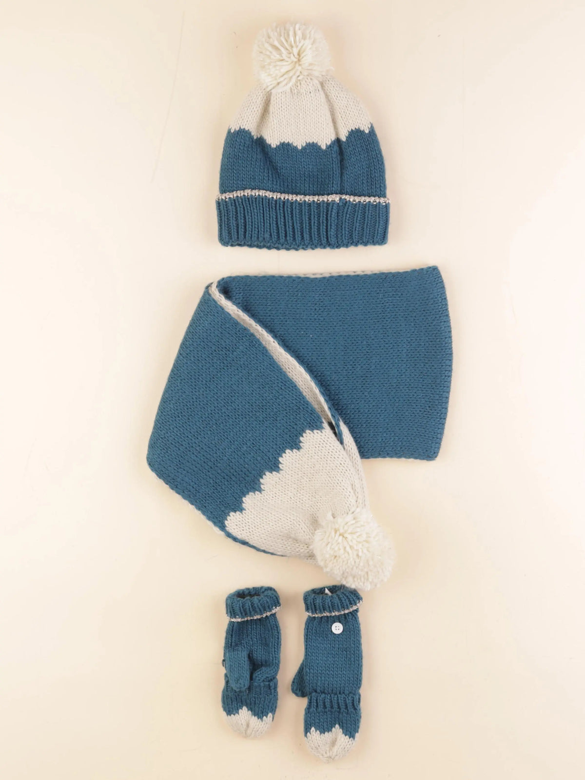 Vertbaudet - ensemble bonnet/moufles/tour de cou bleu, beige, or - 4/6 ans