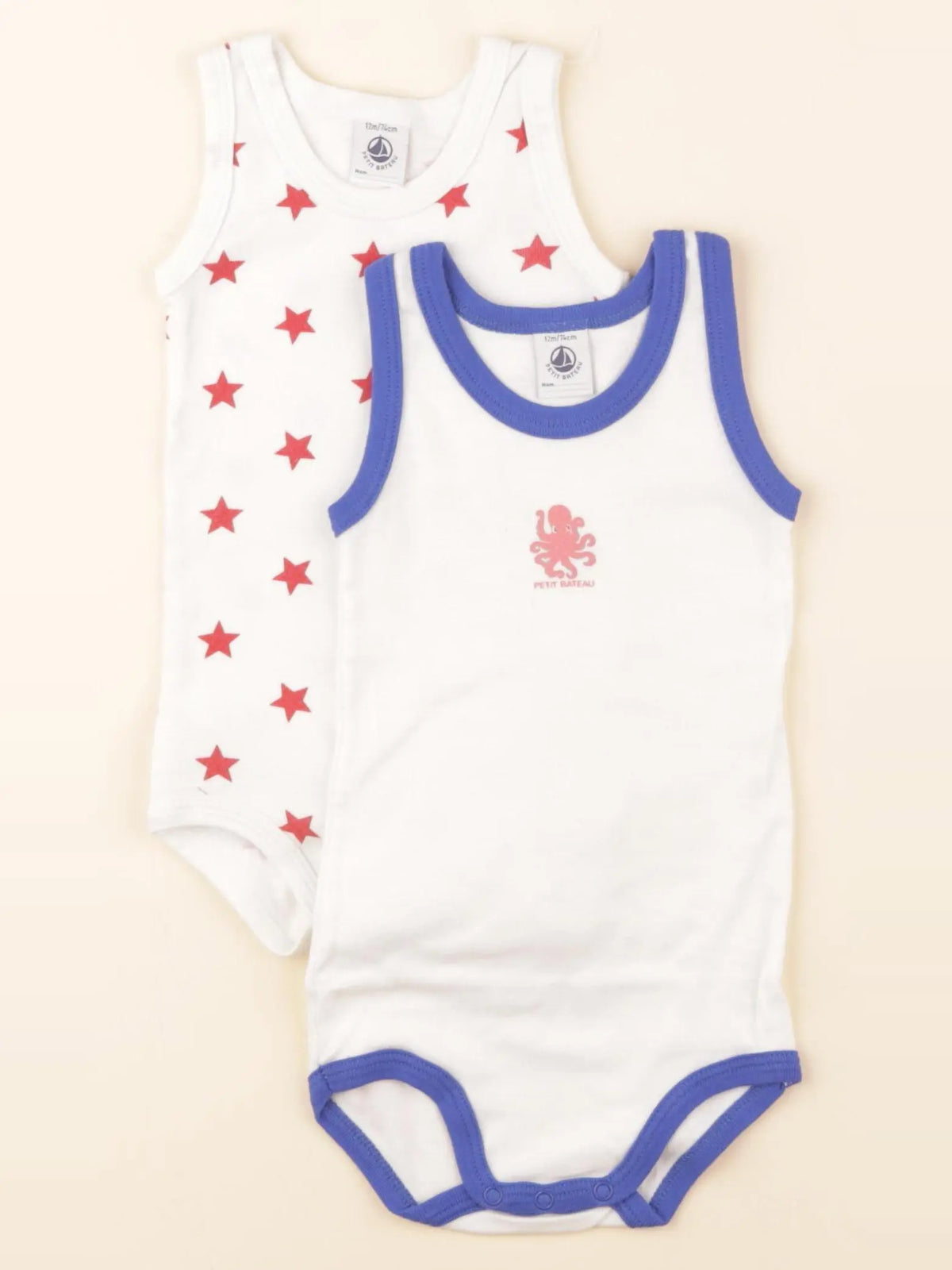 Petit Bateau - lot de 2 bodies en coton blanc, rouge - 12 mois