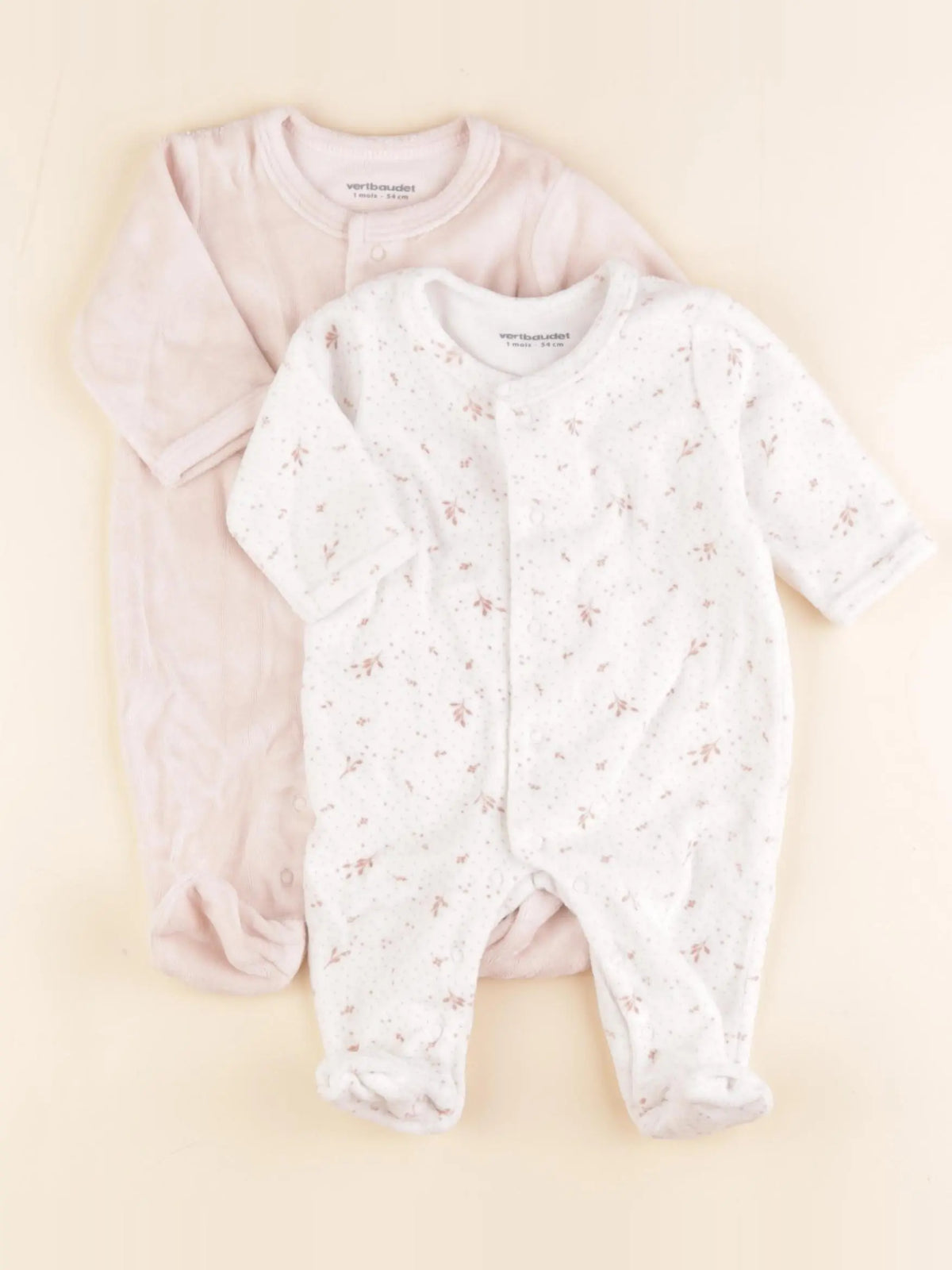 Vertbaudet - lot de 2 pyjamas velours blanc, rose - 1 mois