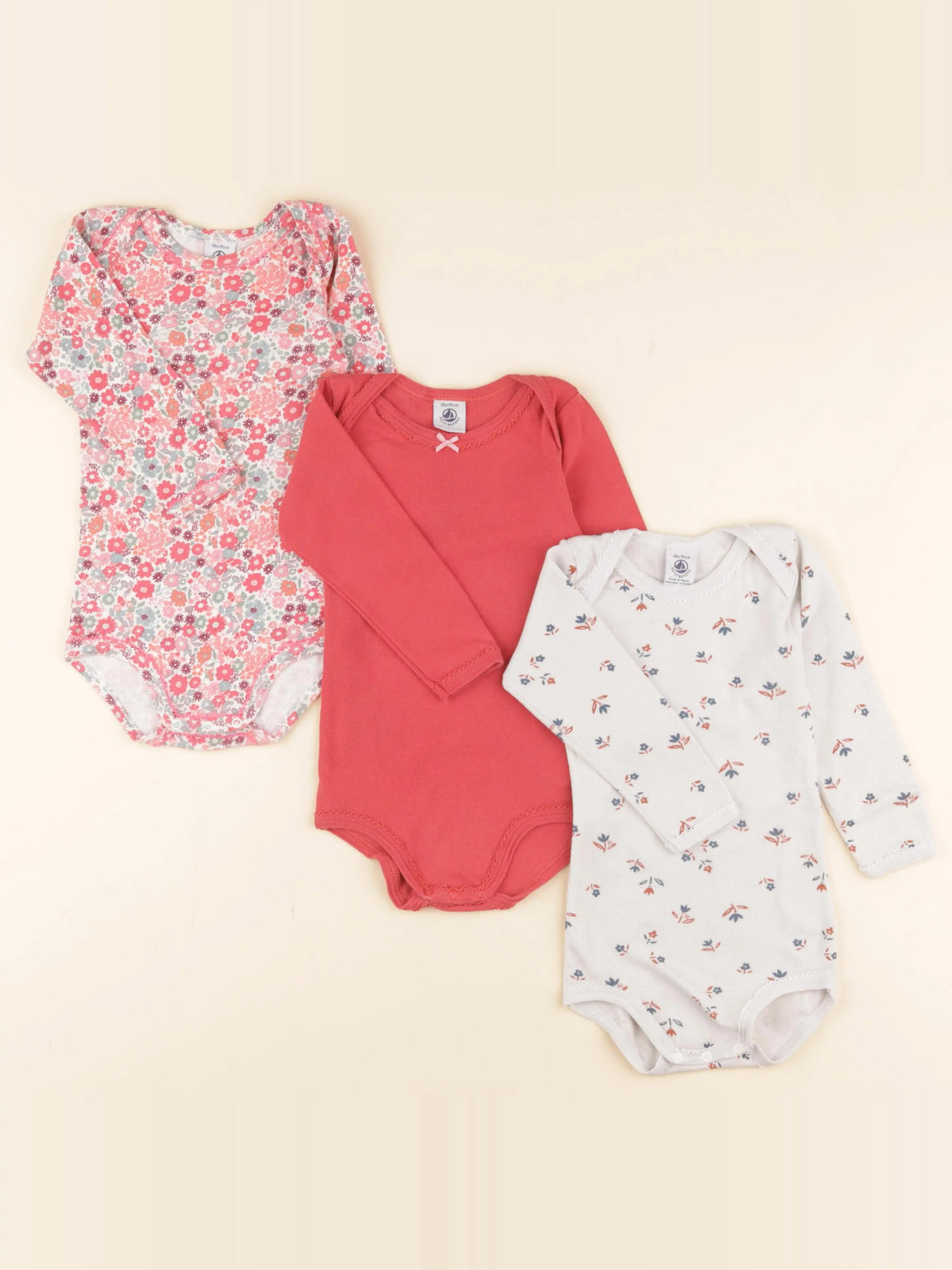 Petit Bateau - lot de 3 bodies en coton beige, rose - 18 mois