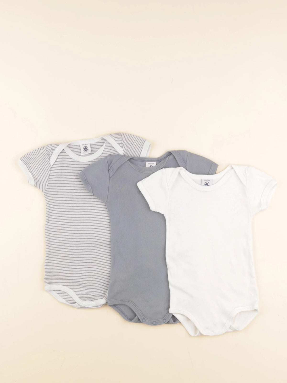 Petit Bateau - lot de 3 bodies en coton bleu, blanc - 12 mois