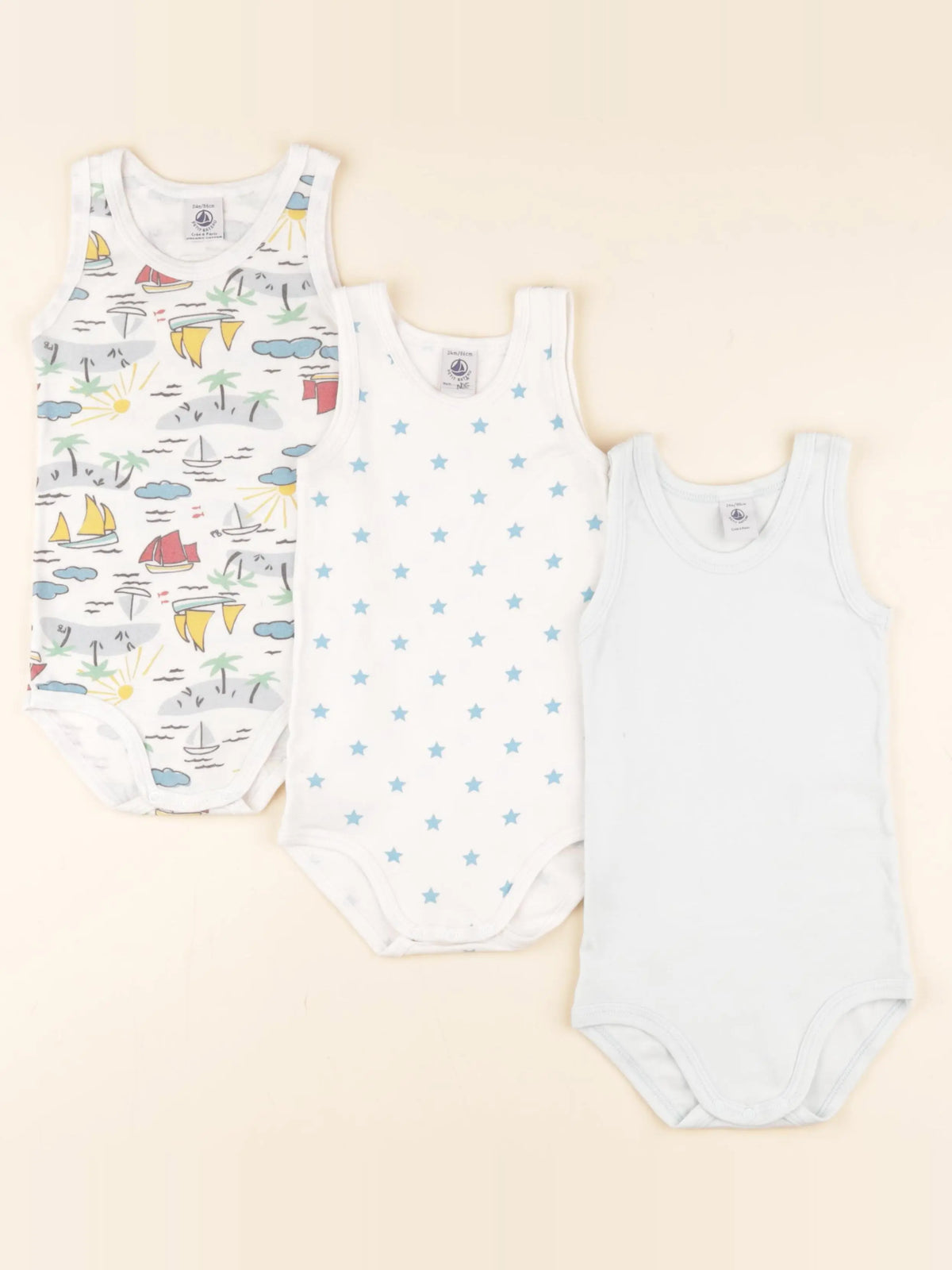Petit Bateau - lot de 3 bodies en coton blanc, bleu - 24 mois