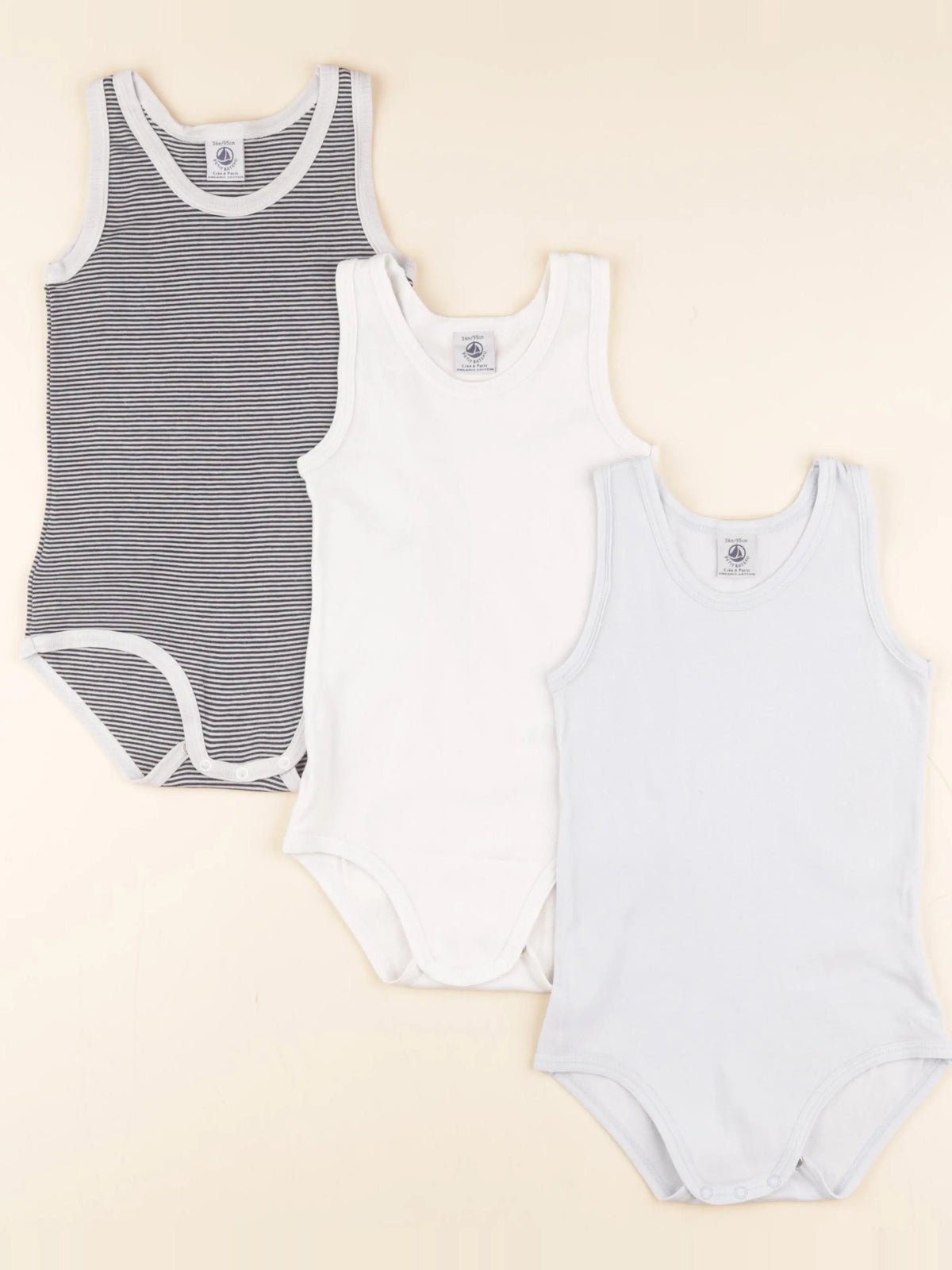 Petit Bateau - lot de 3 bodies en coton blanc, bleu - 36 mois