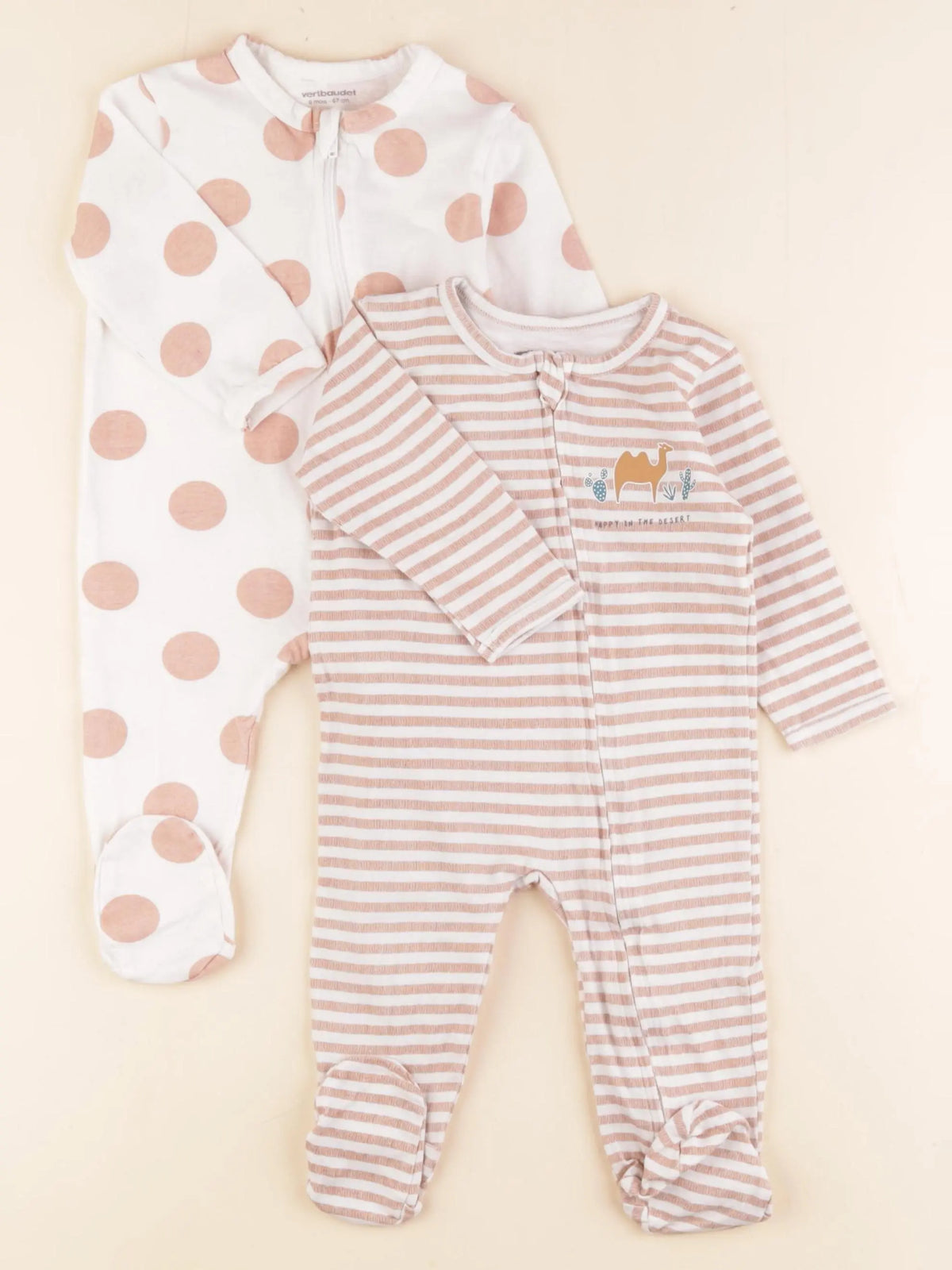 Vertbaudet - lot de 2 pyjamas coton beige, blanc - 6 mois