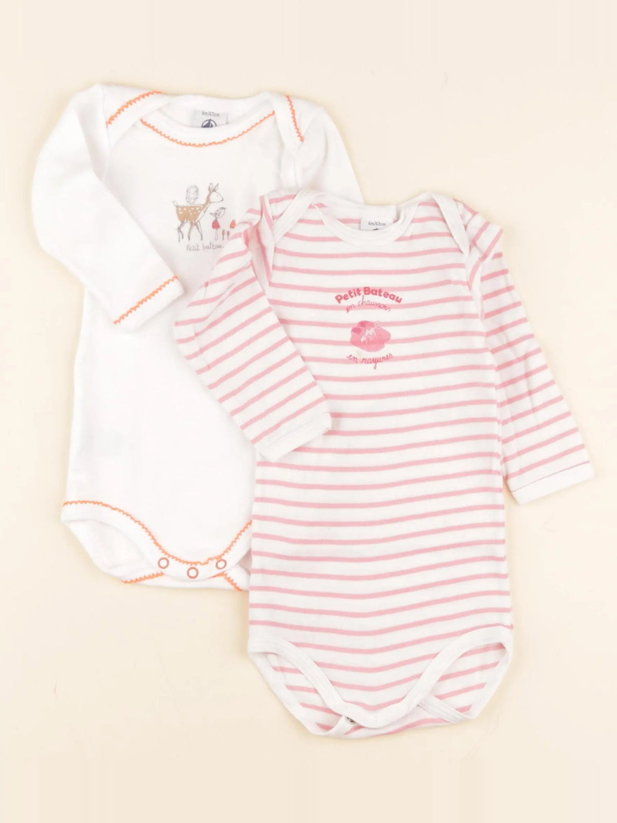 Petit Bateau - lot de 2 bodies en coton blanc, rose - 6 mois