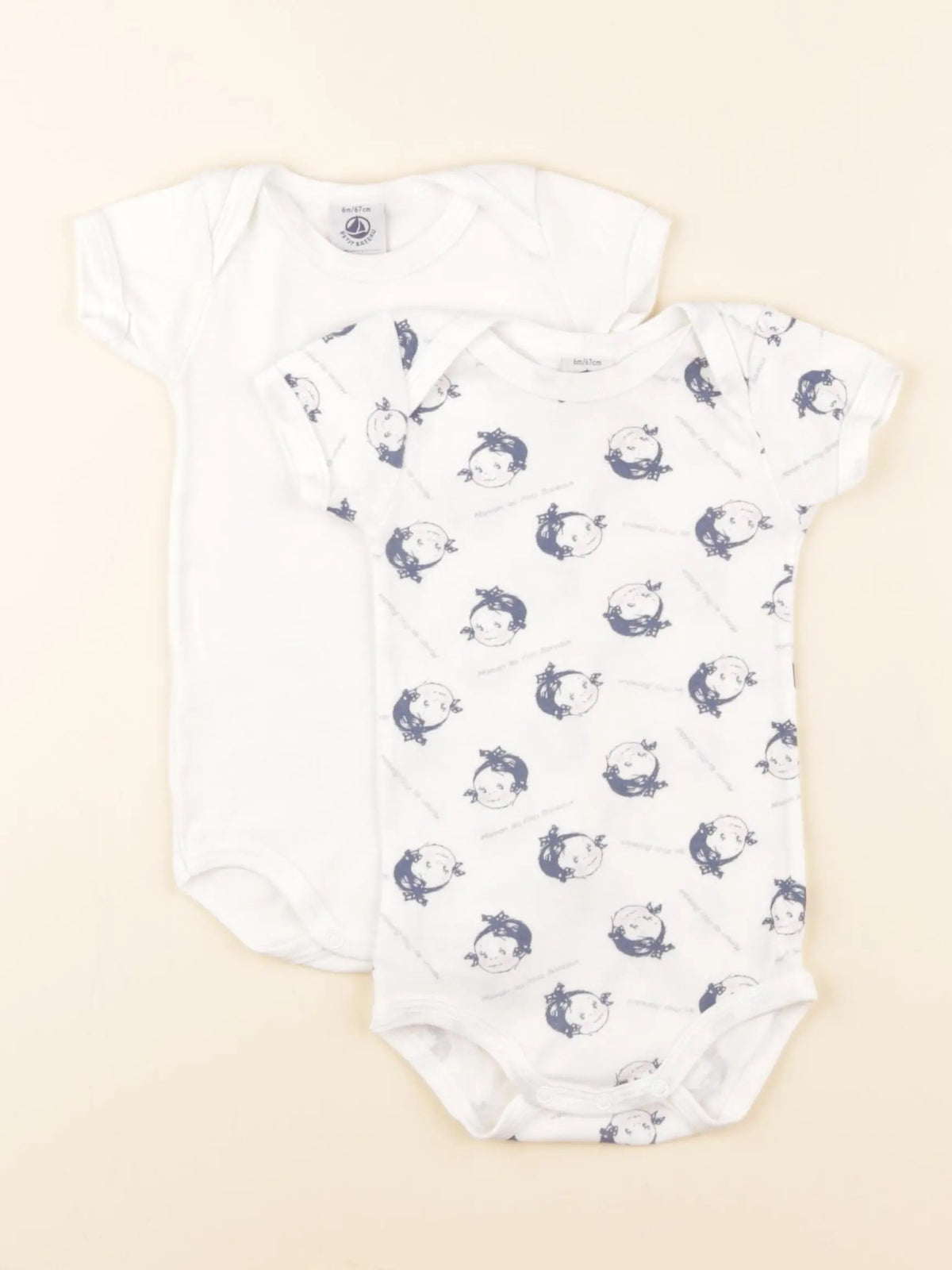 Petit Bateau - lot de 2 bodies en coton blanc, bleu - 6 mois