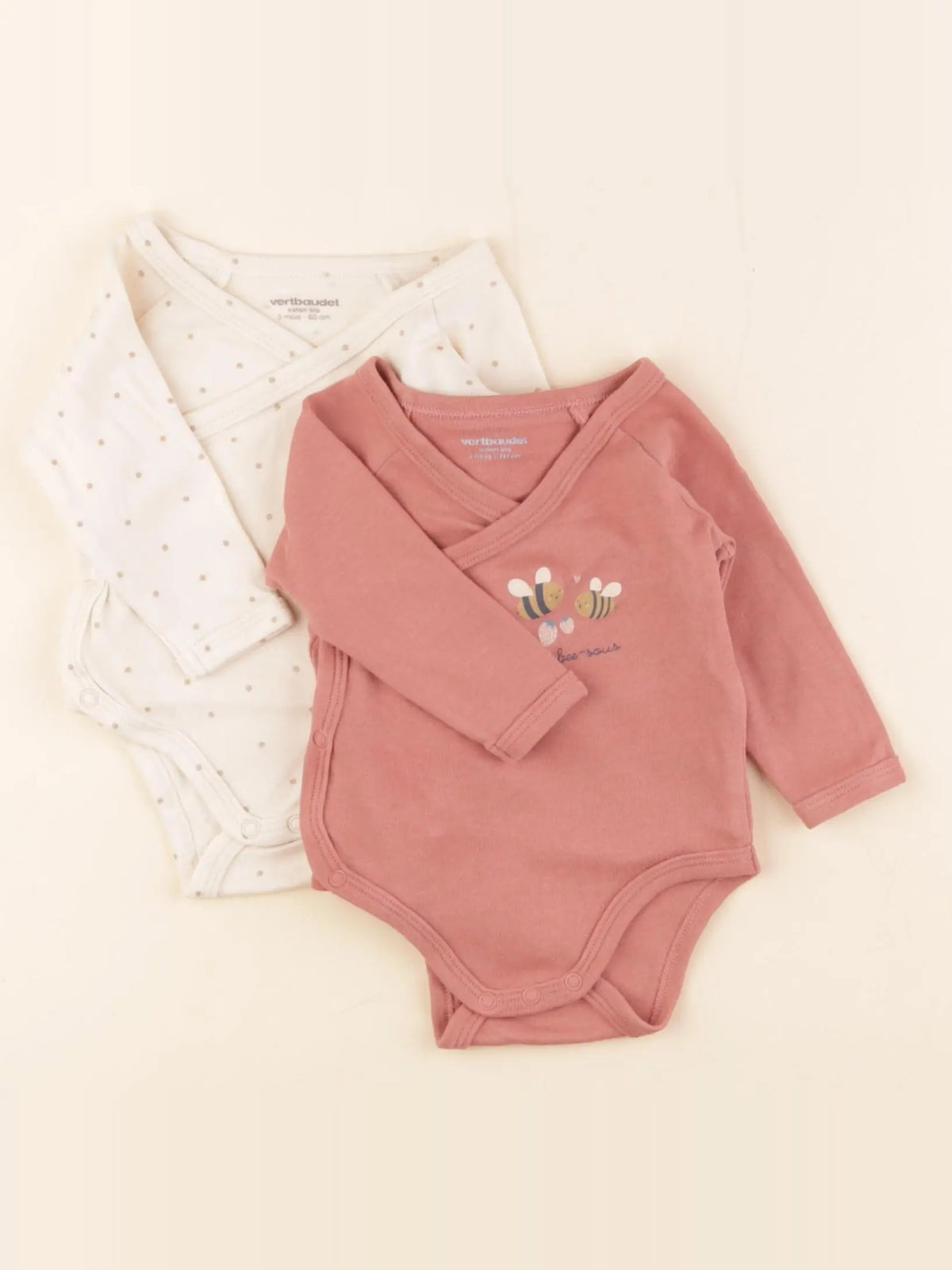 Vertbaudet - lot de 2 bodies en coton beige, rose - 3 mois