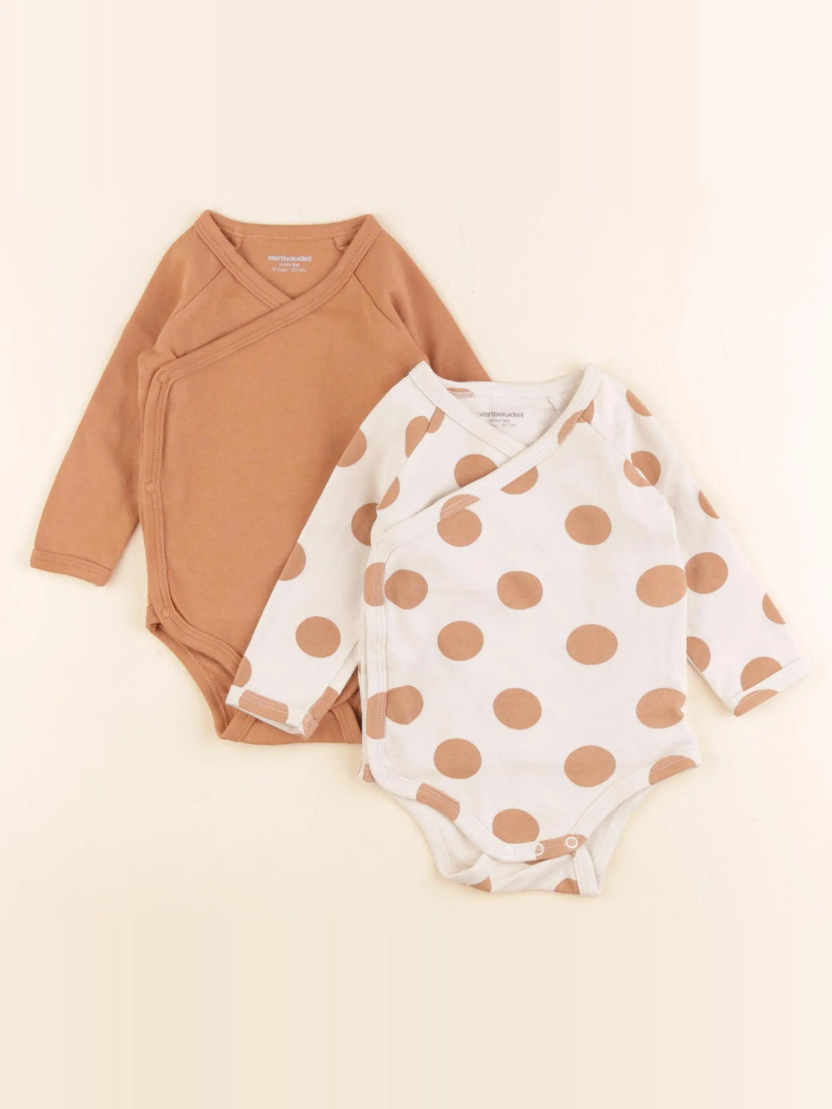 Vertbaudet - lot de 2 bodies en coton marron, beige - 6 mois