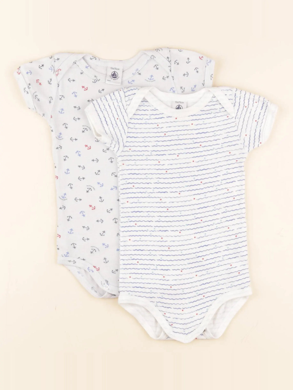 Petit Bateau - lot de 2 bodies en coton blanc, bleu - 12 mois
