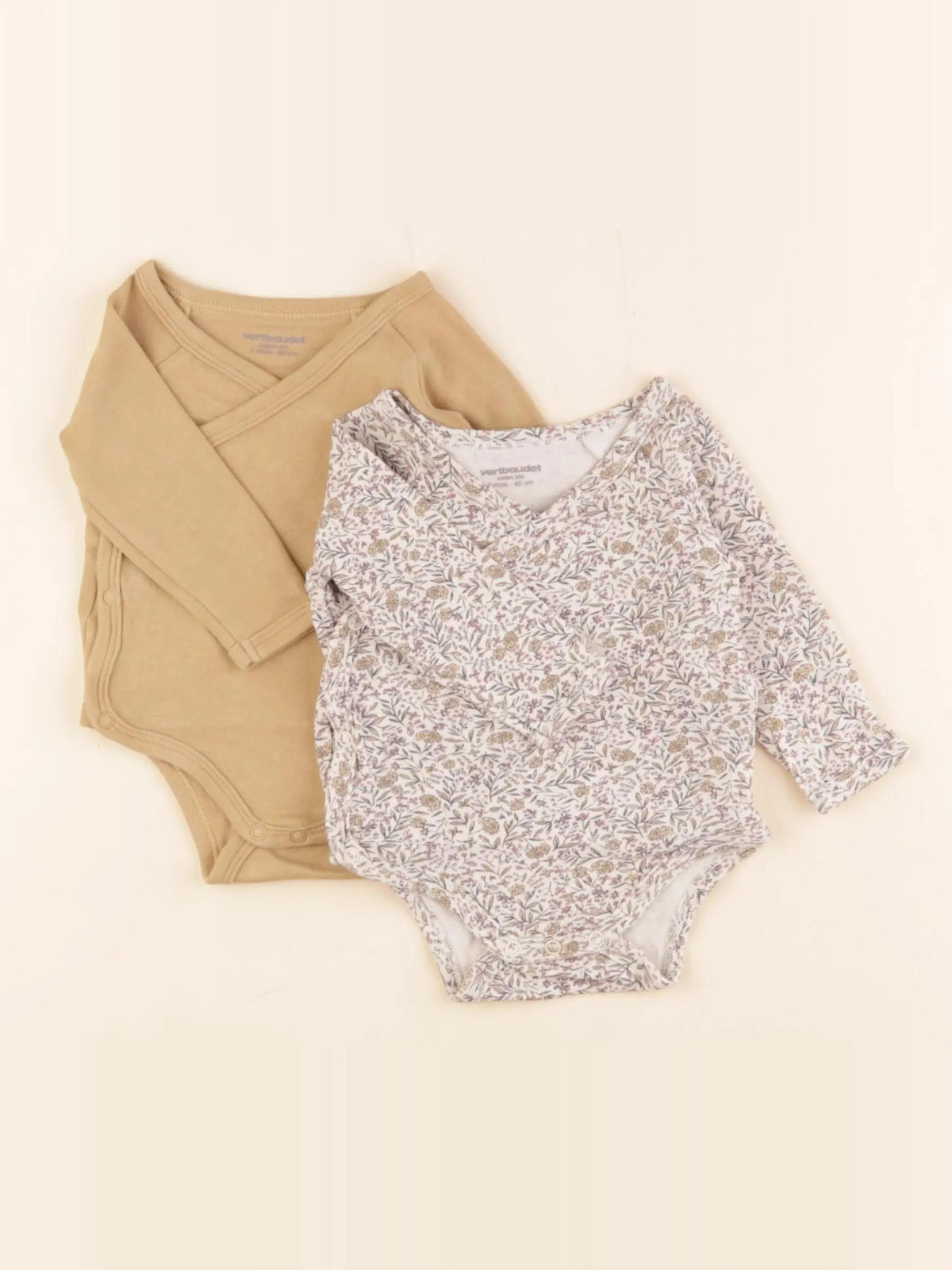 Vertbaudet - lot de 2 bodies en coton jaune, beige - 3 mois
