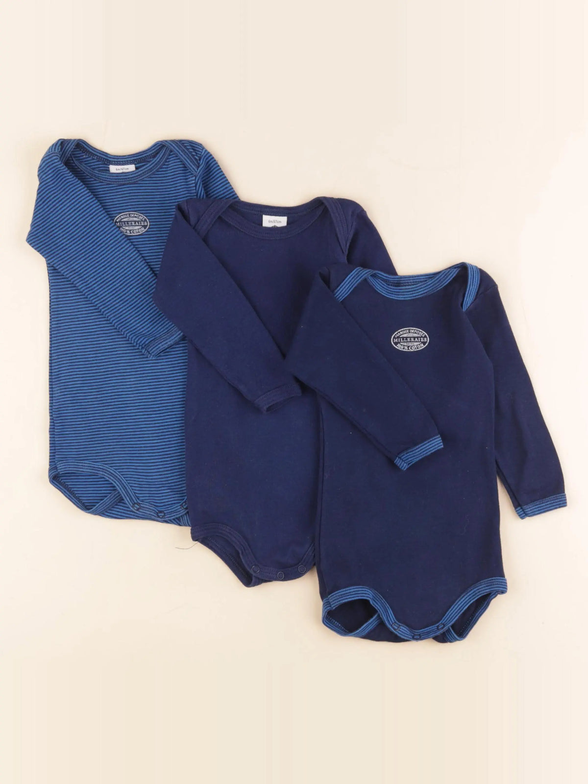Petit Bateau - lot de 3 bodies en coton bleu - 6 mois