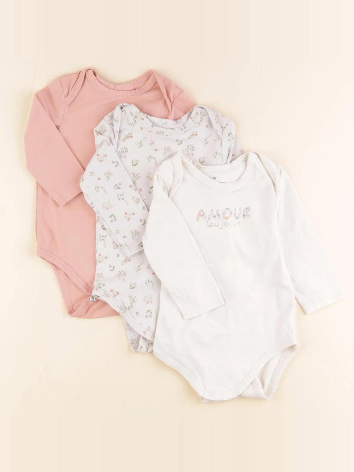 Tape à l'oeil - lot de 3 bodies en coton blanc, rose - 12 mois