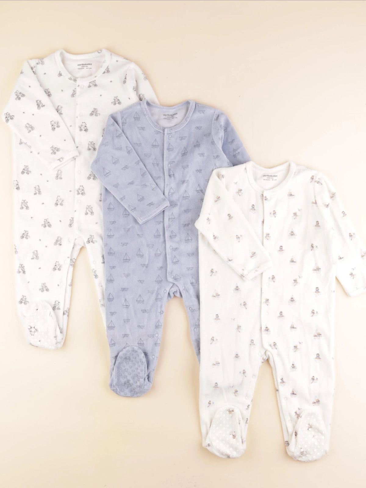 Vertbaudet - lot de 3 pyjamas velours bleu, blanc - 18 mois