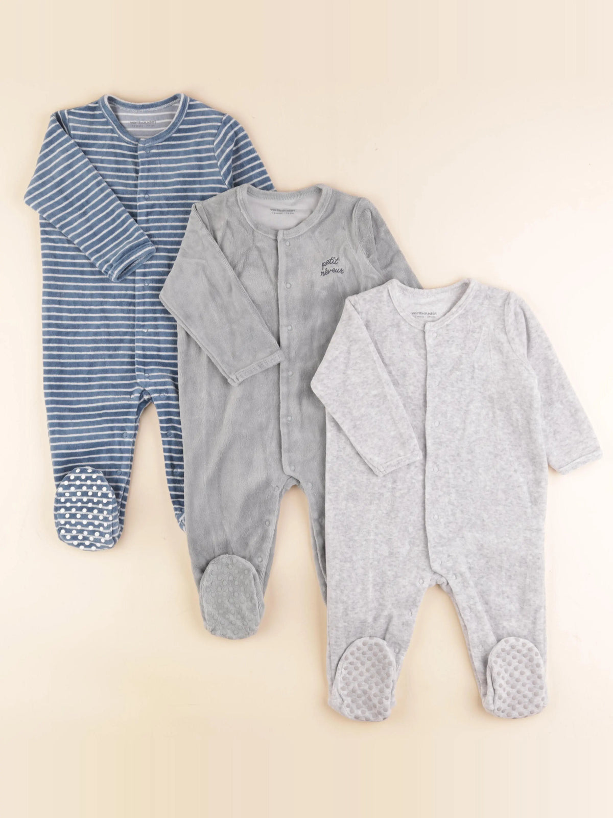 Vertbaudet - lot de 3 pyjamas velours bleu, vert, gris - 12 mois