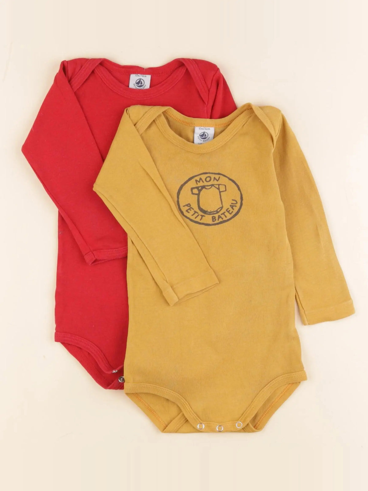 Petit Bateau - lot de 2 bodies en coton jaune, rouge - 12 mois