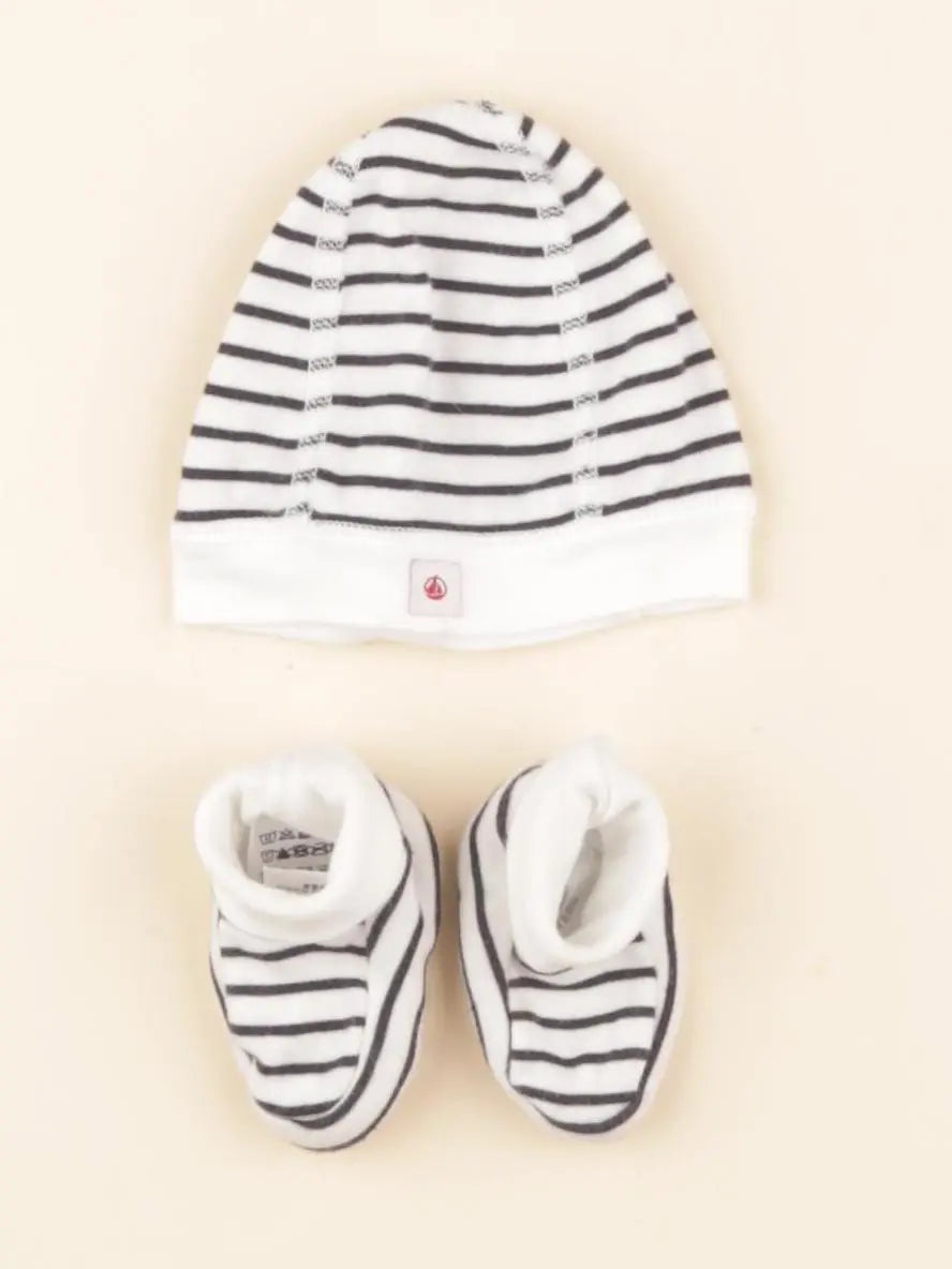 Petit Bateau - ensemble bonnet/chaussons bleu, blanc - 1 mois