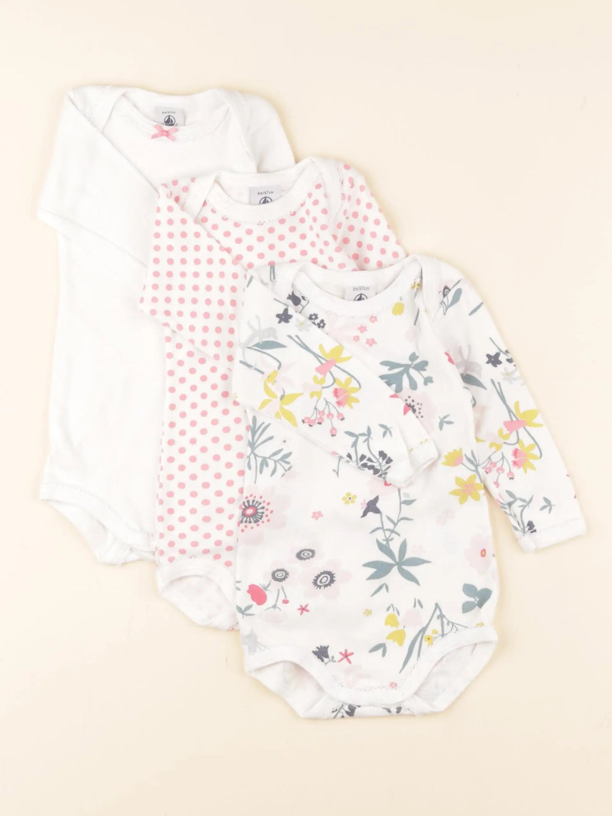 Petit Bateau - lot de 3 bodies en coton blanc, rose - 6 mois