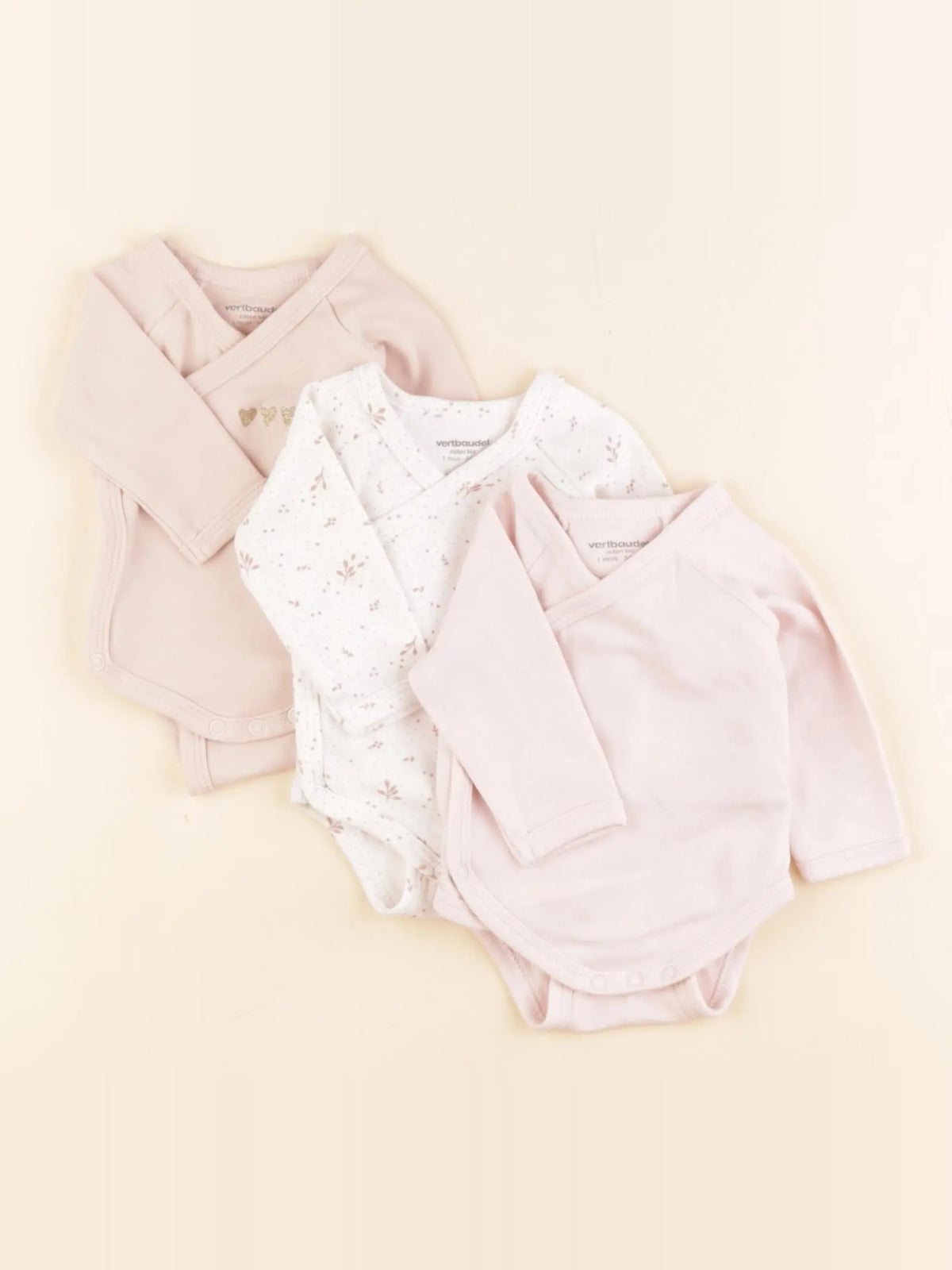 Vertbaudet - lot de 3 bodies en coton blanc, rose - 1 mois
