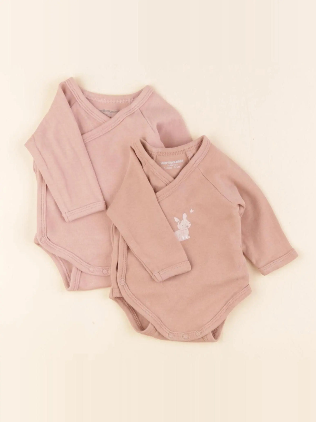 Vertbaudet - lot de 2 bodies en coton rose, marron - 1 mois