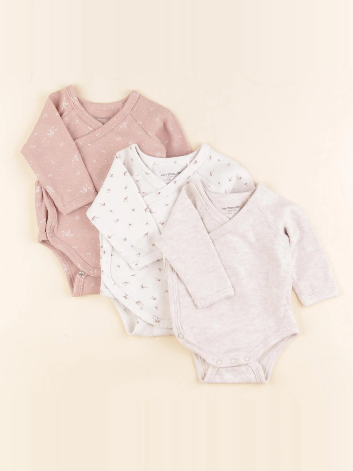 Vertbaudet - lot de 3 bodies en coton blanc, rose, marron - 1 mois