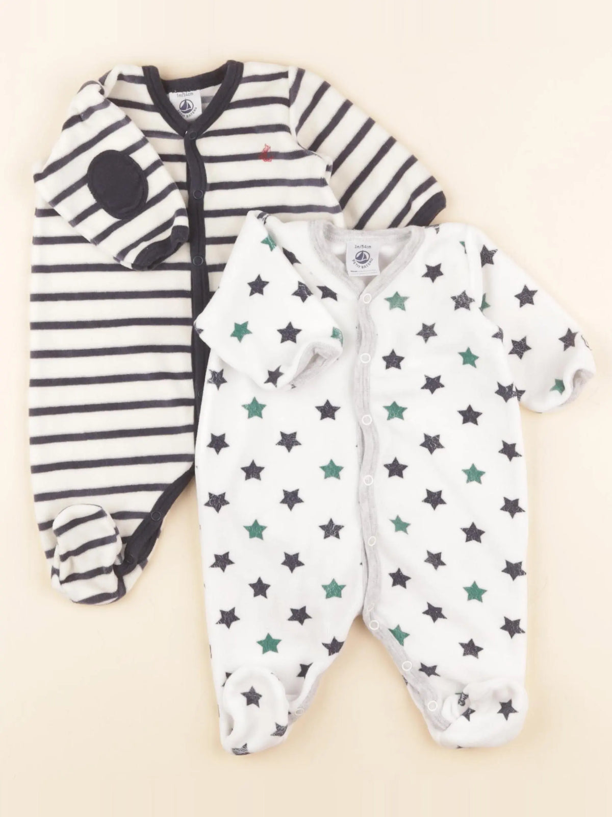 Petit Bateau - lot de 2 pyjamas velours blanc, bleu - 1 mois