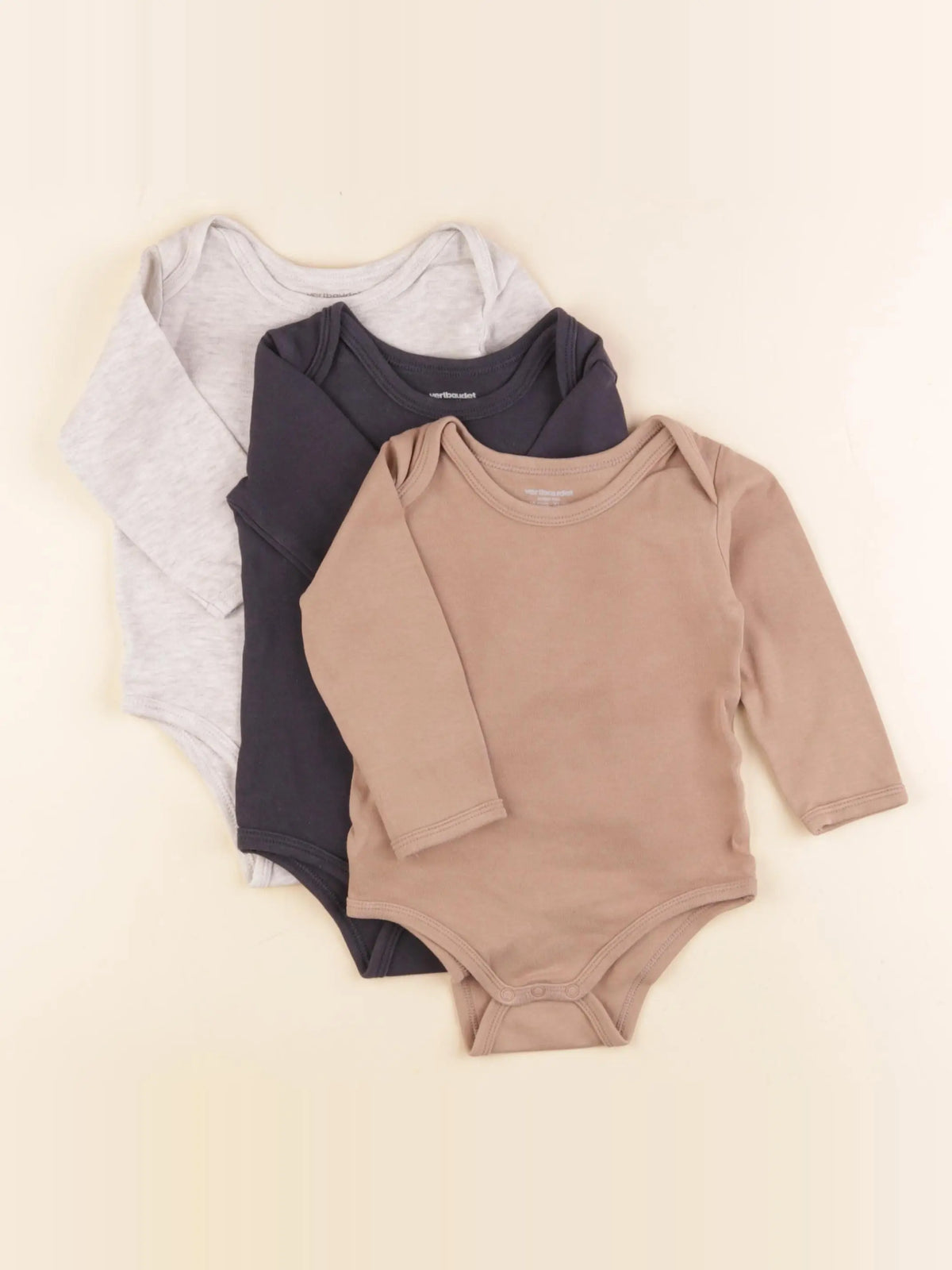Vertbaudet - lot de 3 bodies en coton bleu, marron - 18 mois