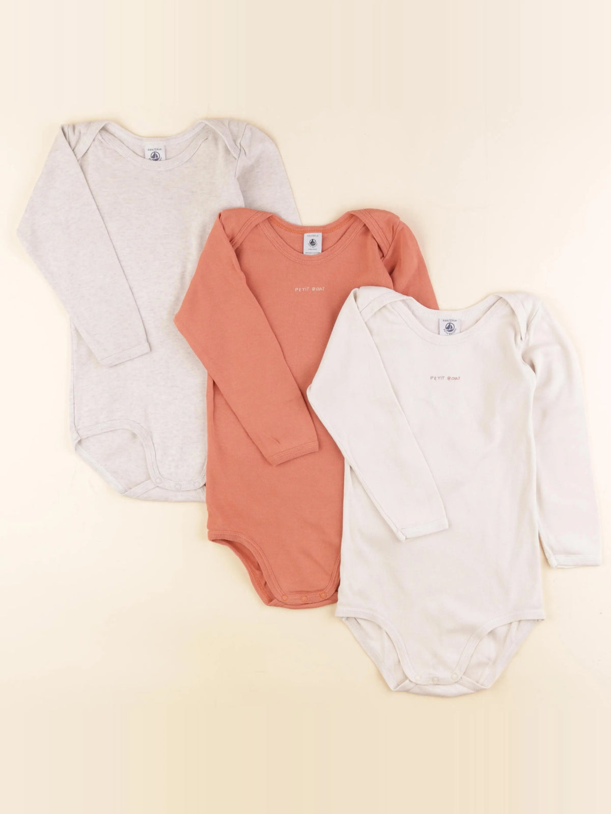 Petit Bateau - lot de 3 bodies en coton beige, orange - 4 ans