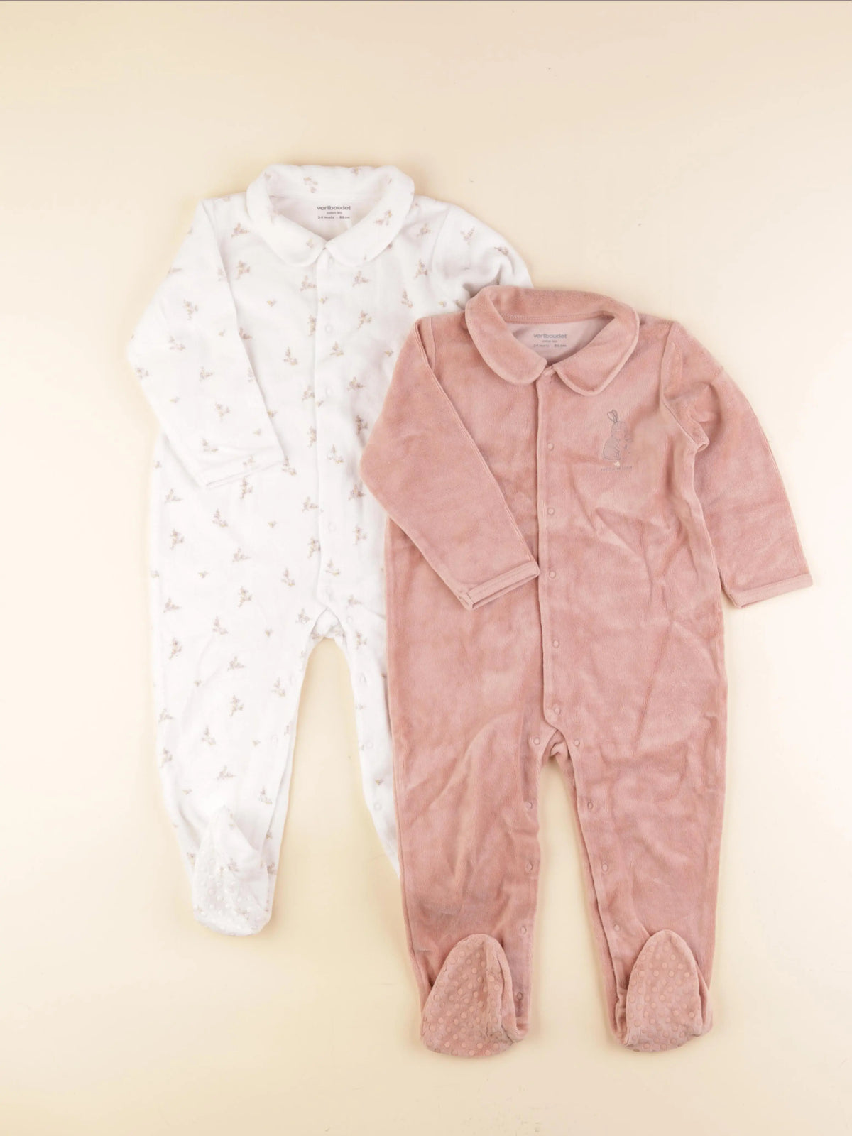 Vertbaudet - lot de 2 pyjamas velours blanc, rose - 24 mois